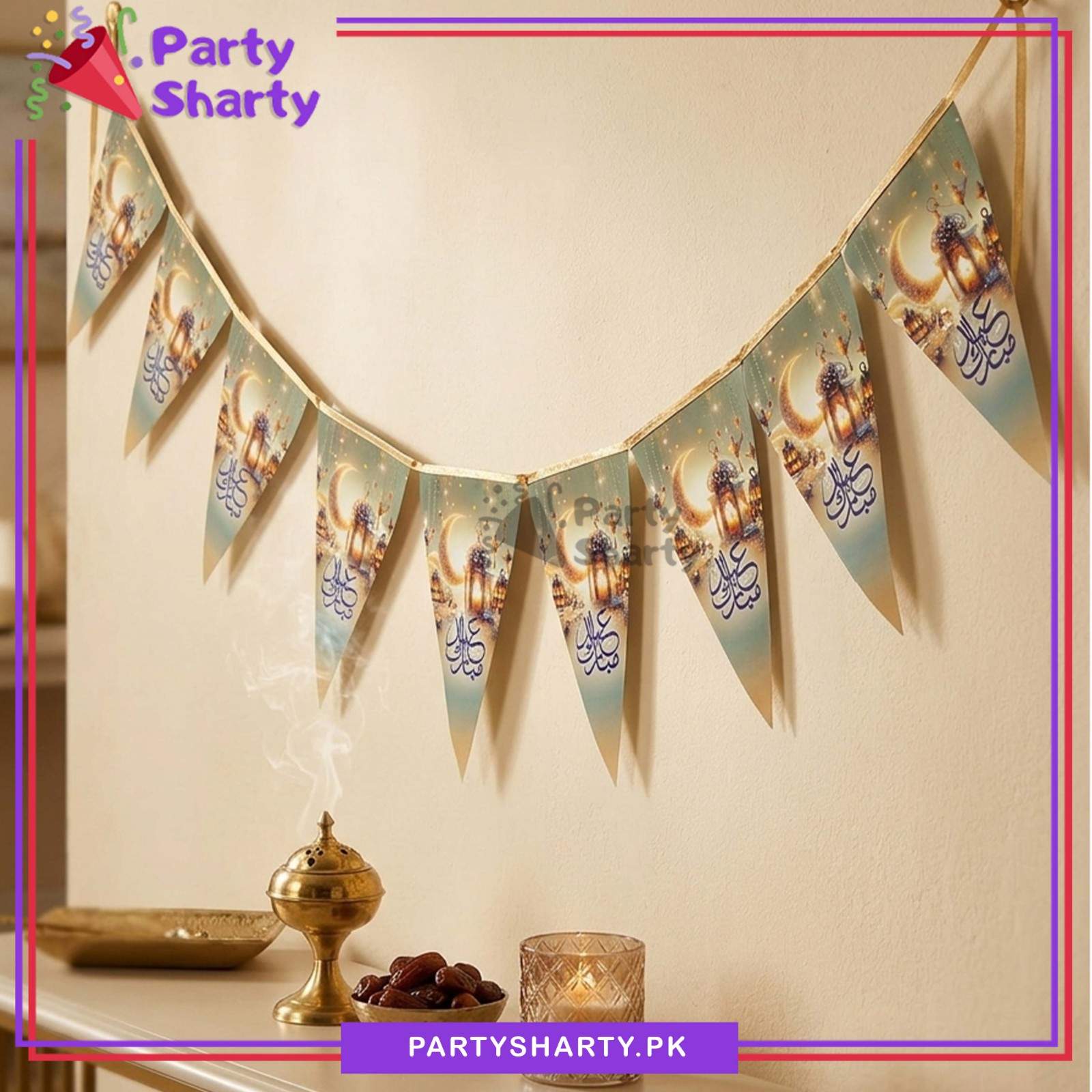 Urdu Printed Eid Mubarak Party Flags Pack of 10 For Eid Milan Party Theme Decoration
