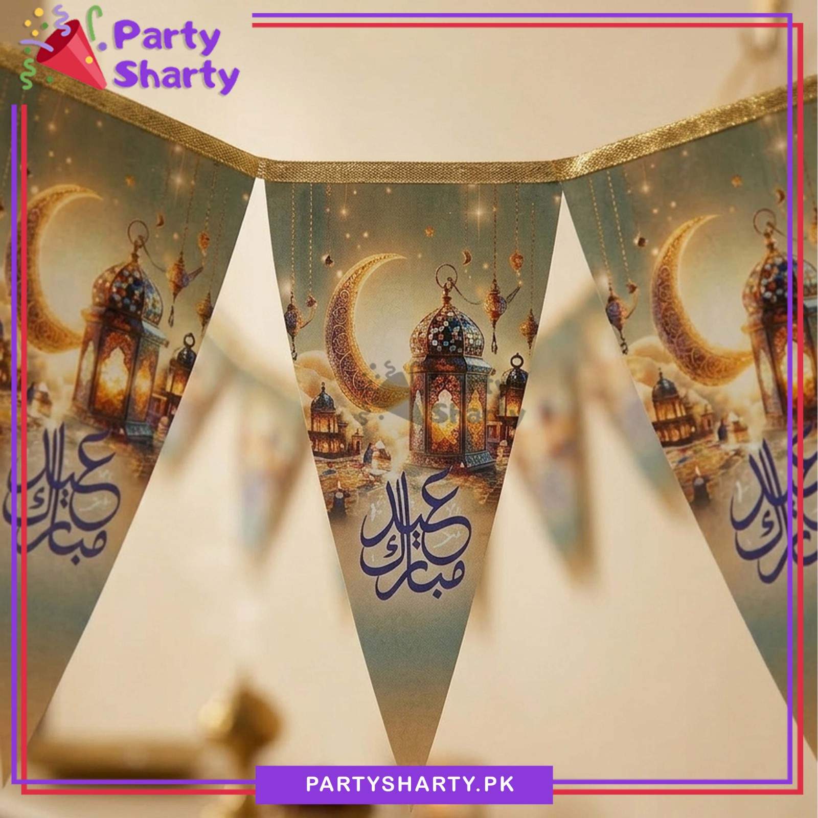 Urdu Printed Eid Mubarak Party Flags Pack of 10 For Eid Milan Party Theme Decoration