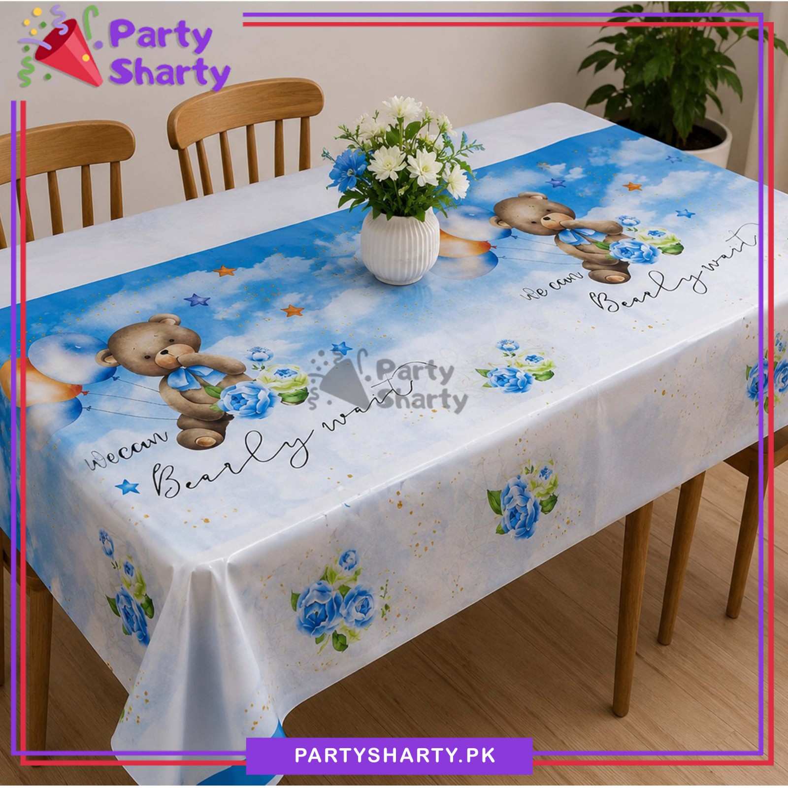 Blue Color We can Bearly Wait Teddy Bear Theme Table Cover For Theme Decoration