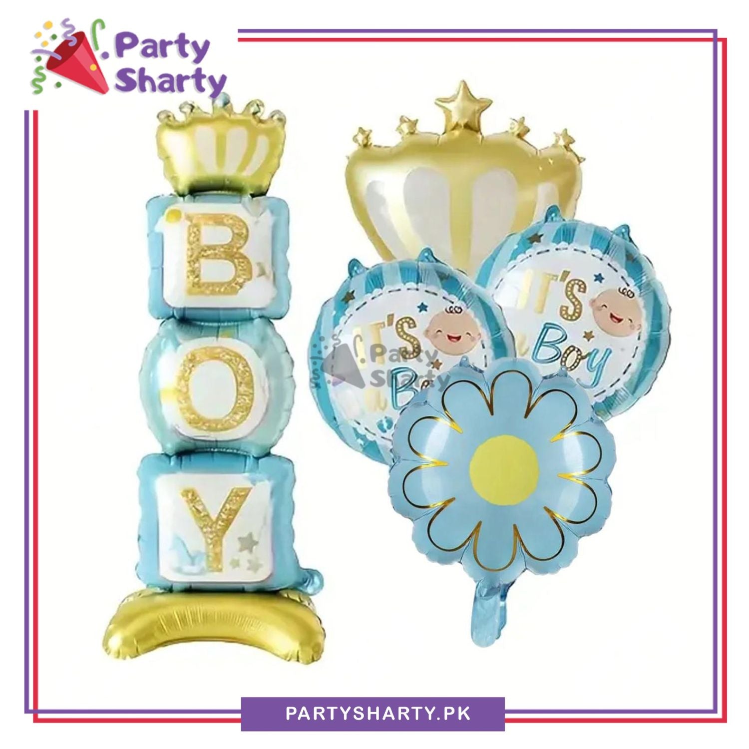 5 Pcs/Set Boy Airloonz with Flower, Trophy & 2 Round Shaped Foil Balloon For Welcome Baby Celebrations