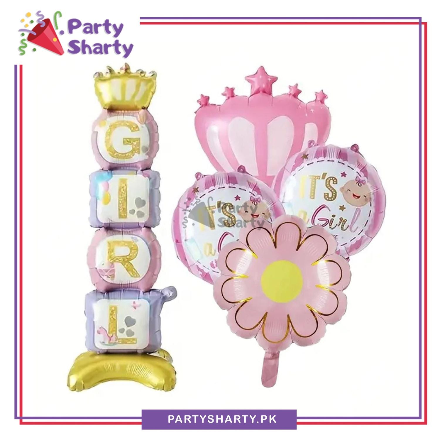 5 Pcs/Set Girl Airloonz with Flower, Trophy & 2 Round Shaped Foil Balloon For Welcome Baby Celebrations