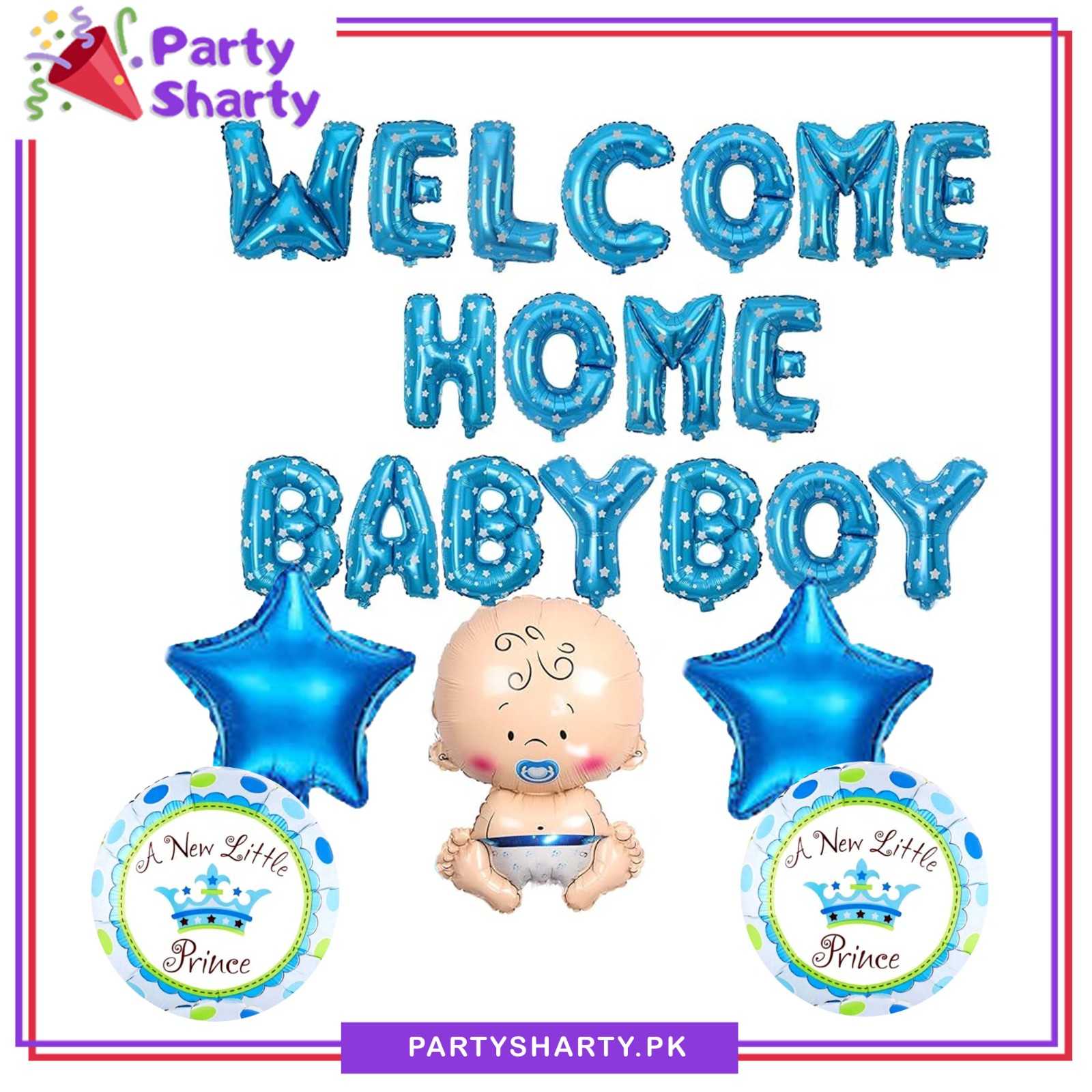 Welcome Home Baby Boy / Girl Foil Banner With Baby Shaped, Star / Heart & Round Foil Balloons set for Welcome Baby Decoration & Celebration