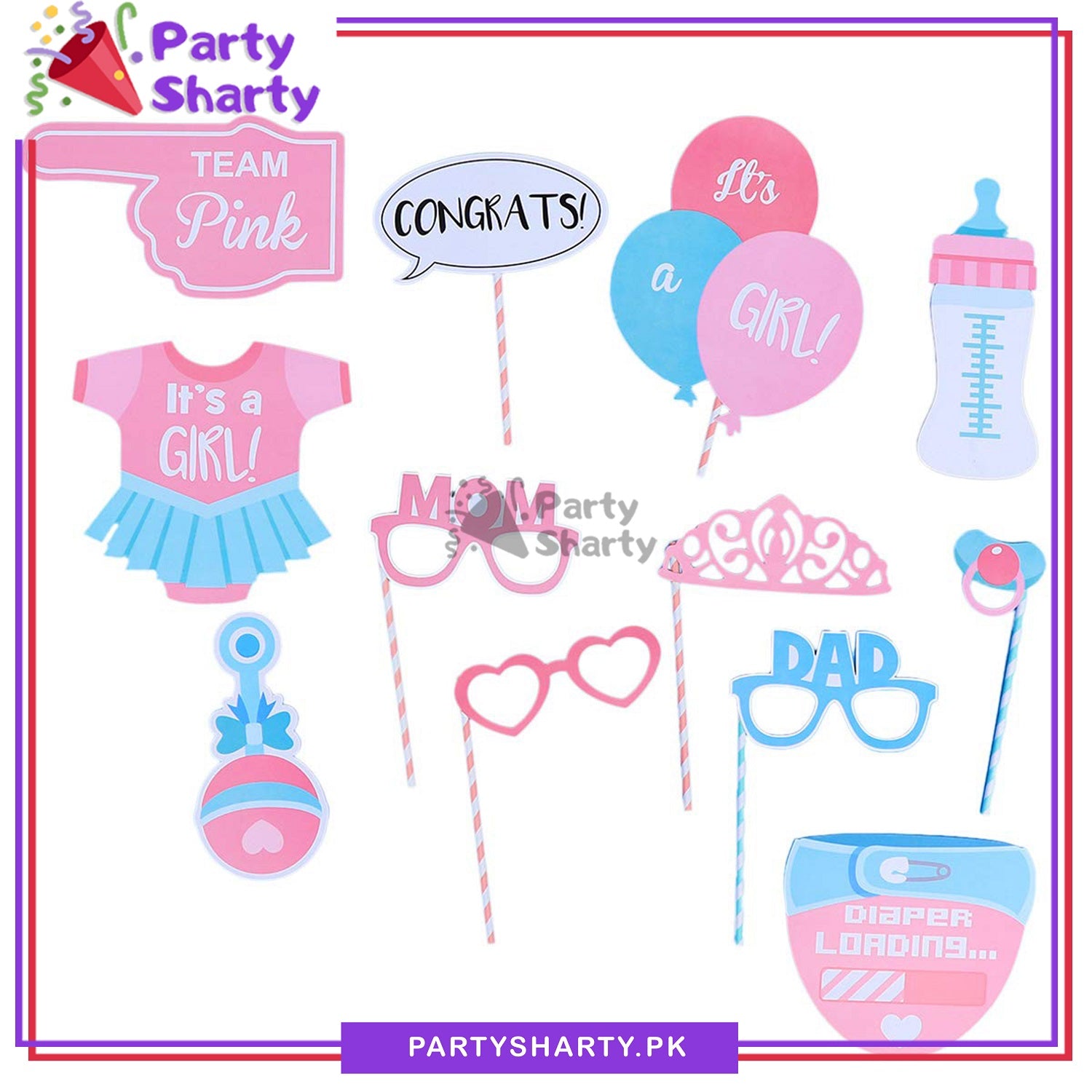It's a Girl Theme Photo Booth Props For Welcome Baby or Baby Shower Party Celebration and Decoration