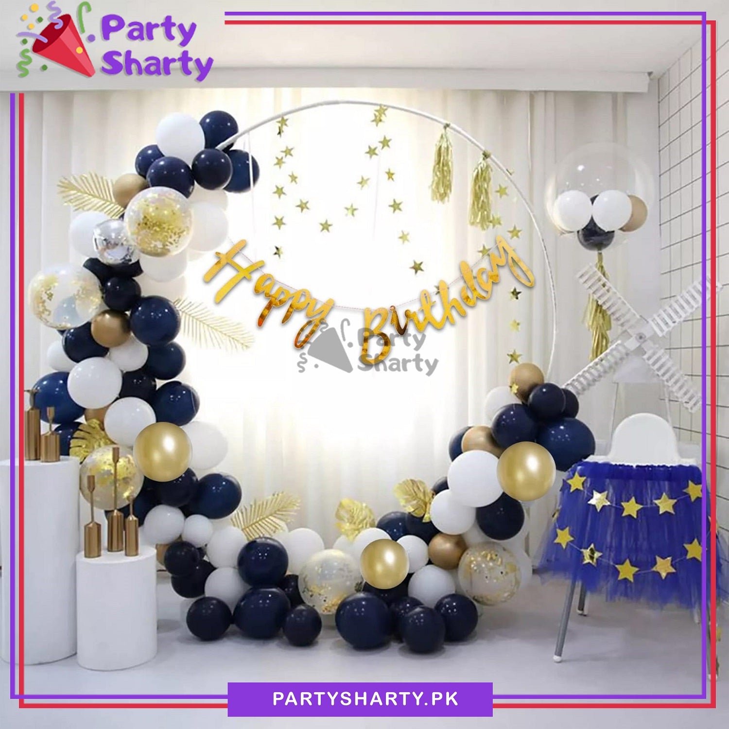 Happy Birthday Golden with Navy Blue & White Balloons Theme Set For Party Event Decoration