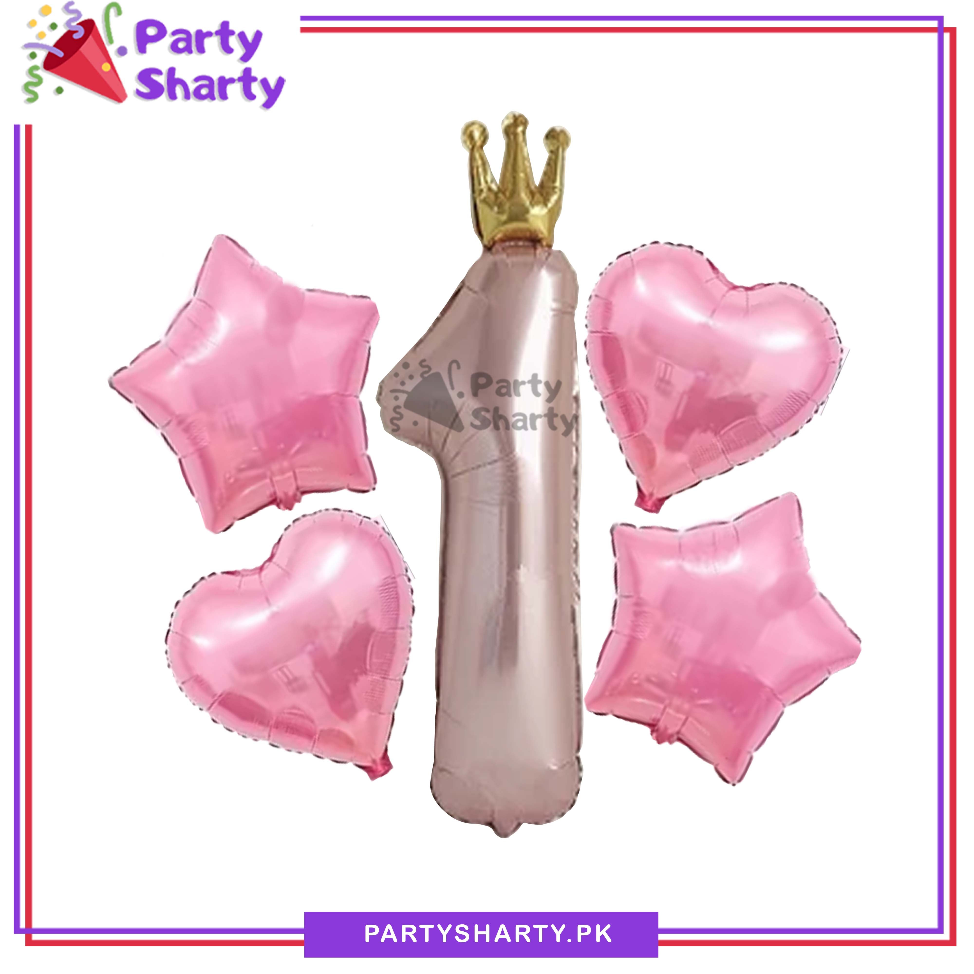 5pcs/Set Rose Pink Number 1 with Crown Foil Balloon Set for First Birthday Celebration & Decoration