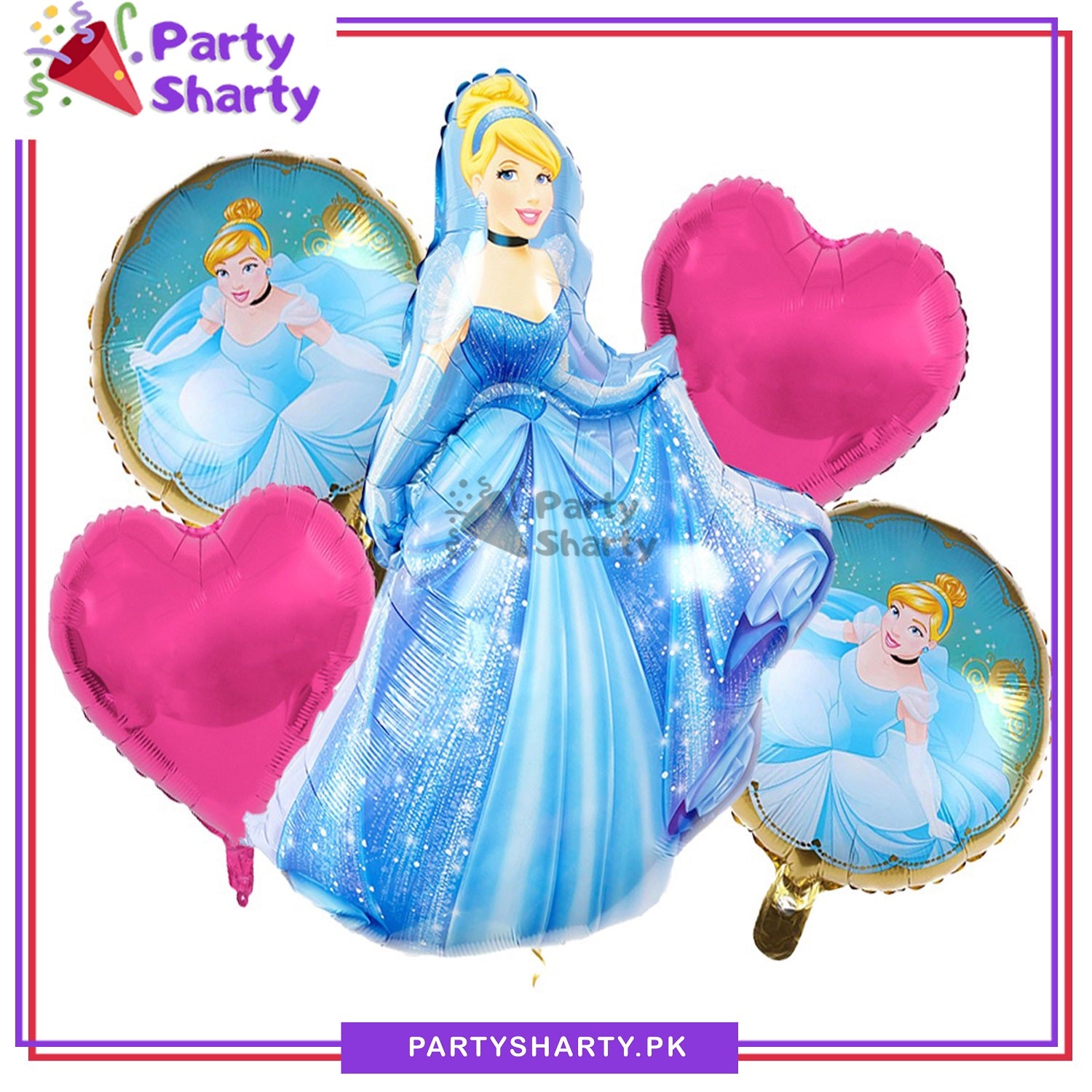 Disney Cinderella Foil Balloon Set - 5 pcs Set For Disney Theme Birthday Decoration and Celebration