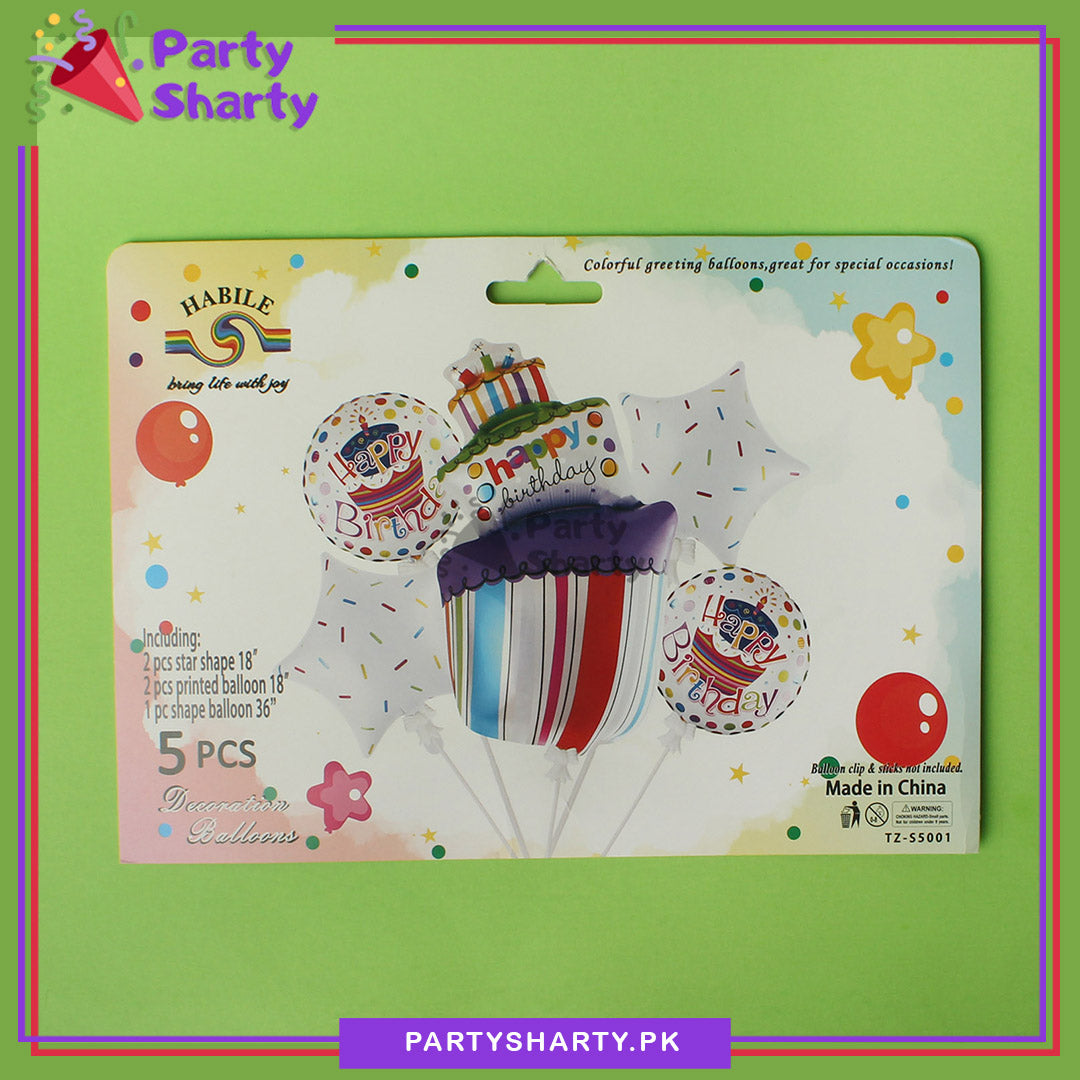 Happy Birthday Cake Shaped Foil Balloon Set - 5 Pieces
