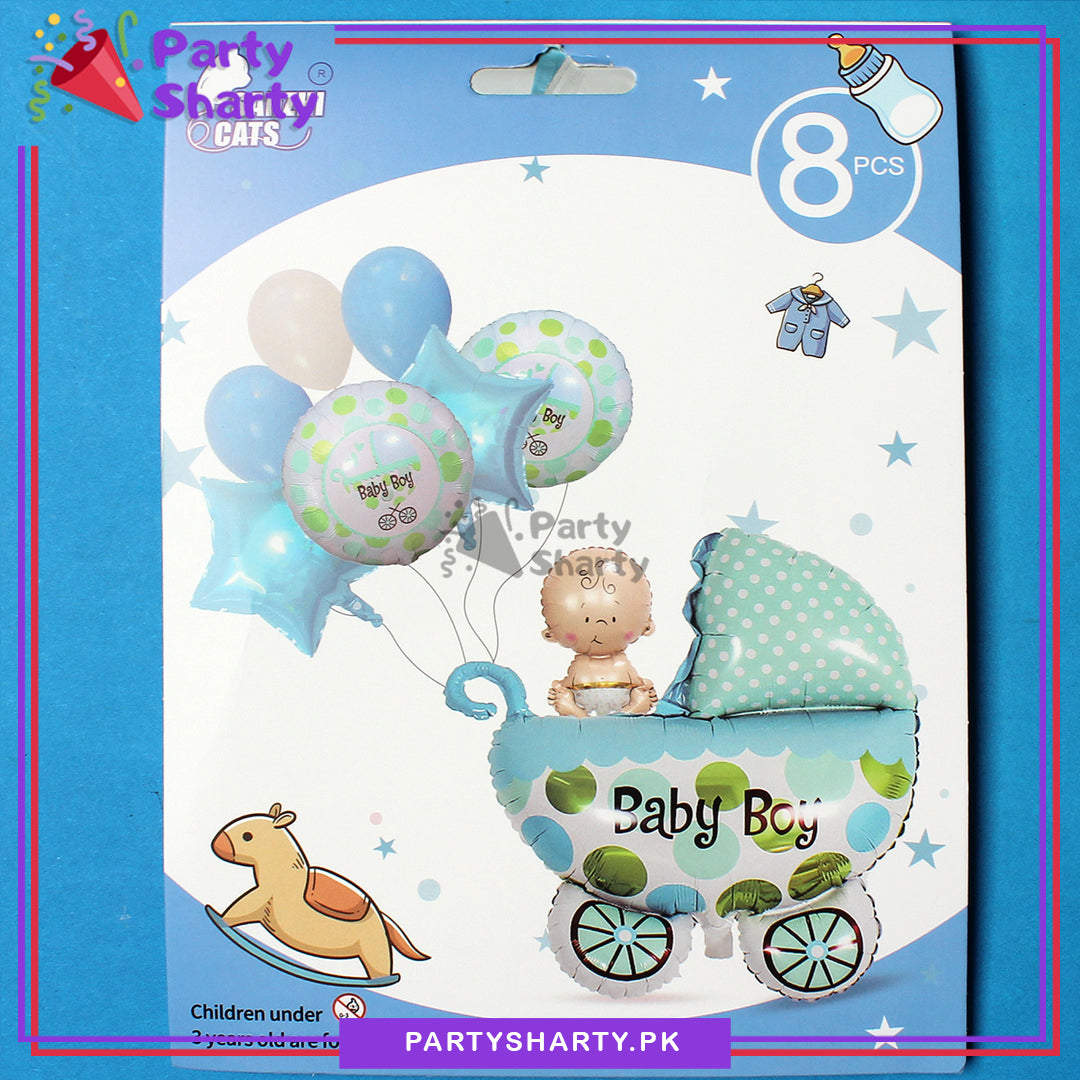 Baby in Cart Shaped Foil Balloon Set of 8 For Baby Shower, Welcome Baby and Gender Reveal Decoration and Celebrations