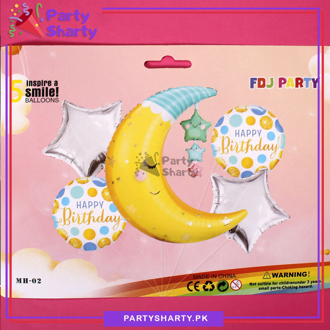 D-1 Cute Sleeping Moon Shaped with Star Foil Balloon Set - 5 Pieces For Birthday Party Decoration