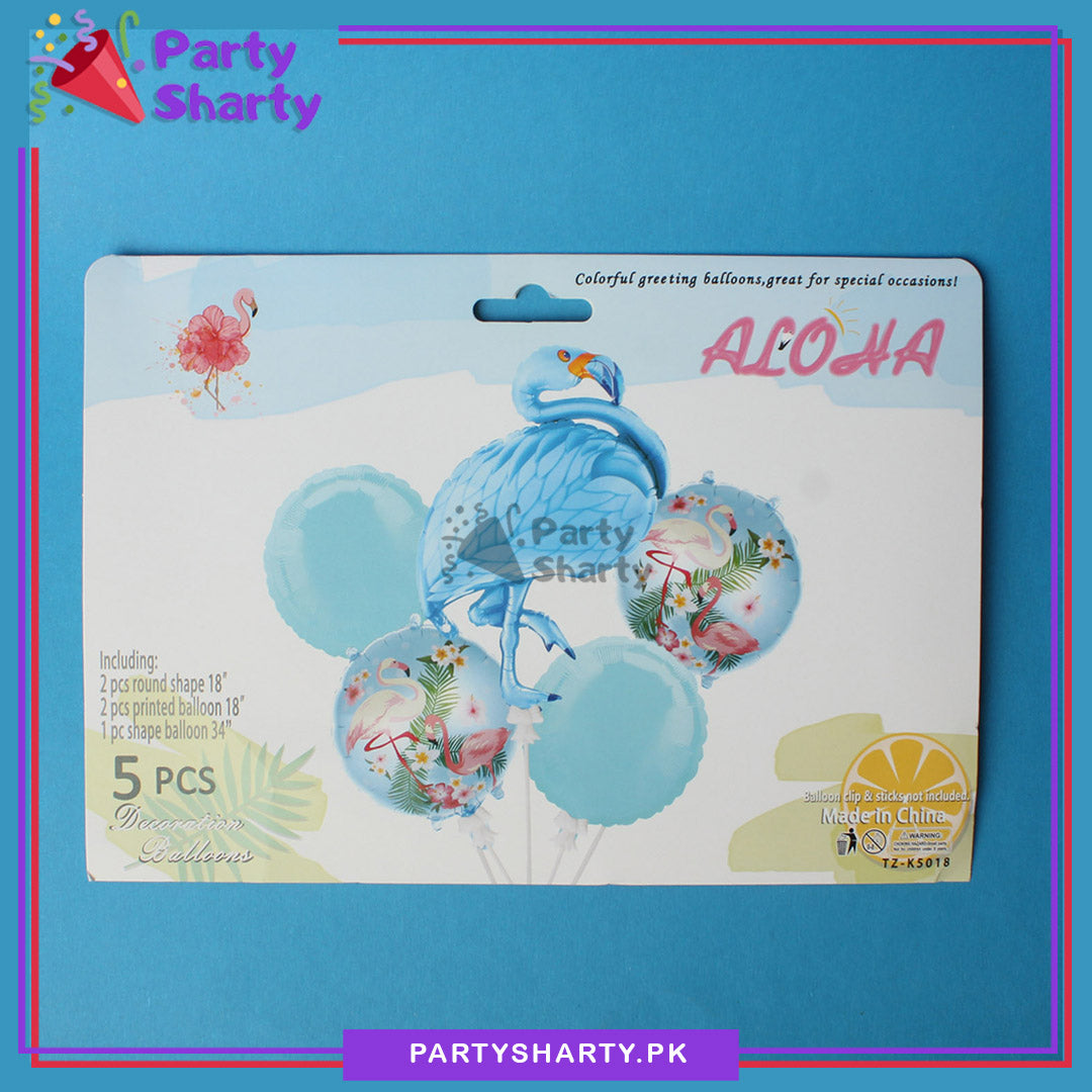 Blue Flamingo Cartoon Foil Balloon Set - 5 Pieces For Flamingo Theme Birthday Party and Celebration