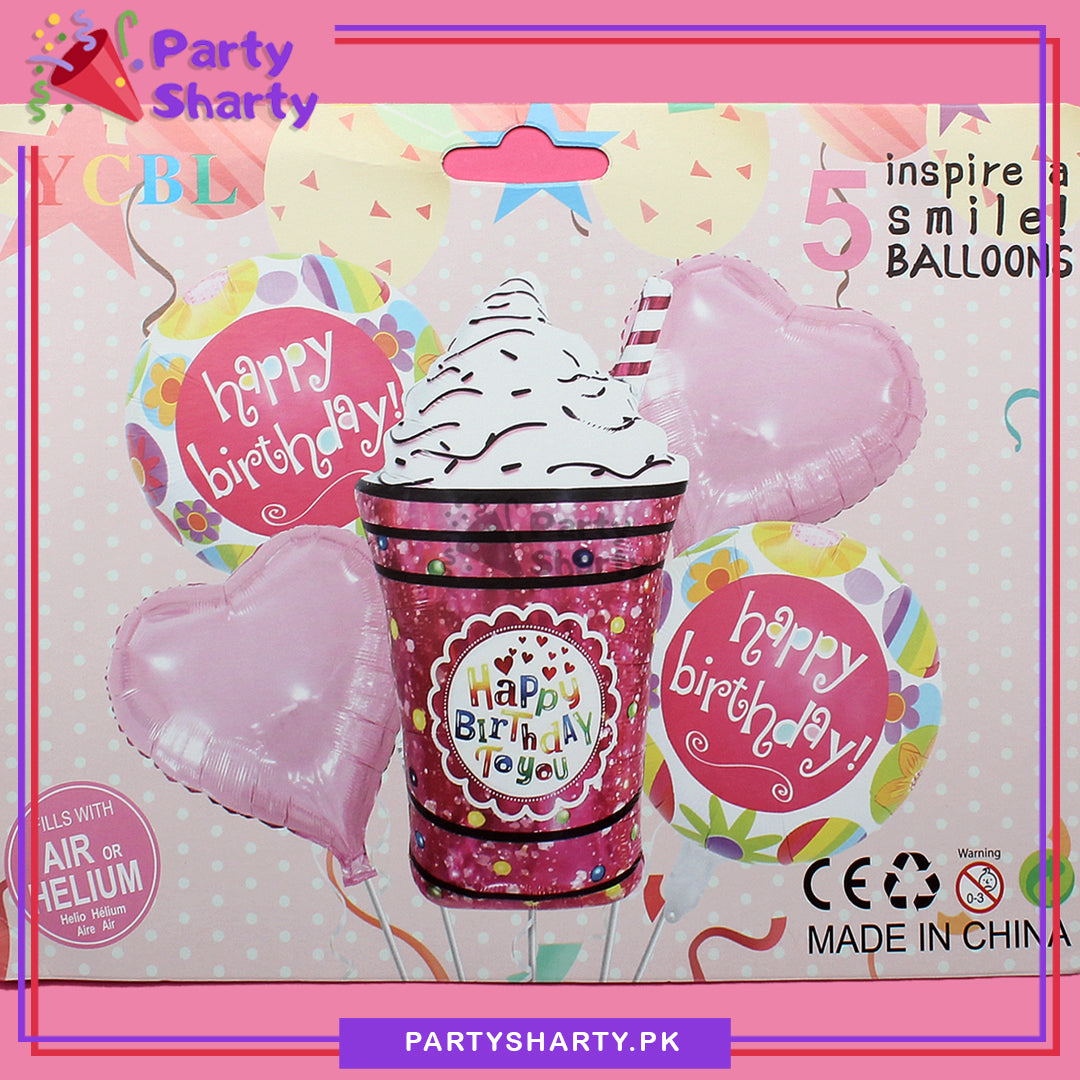 Ice Cream Shake Glass Foil Balloon Set of 5 For Icecream / Sweet One theme decoration and Celebration