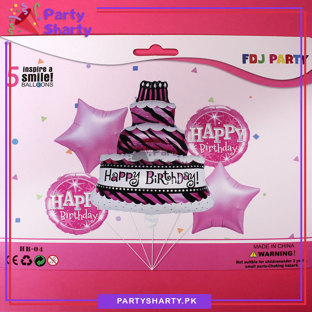 Happy Birthday Printed Cake Shaped Foil Balloon Set - 5 Pieces For Birthday Party and Decoration