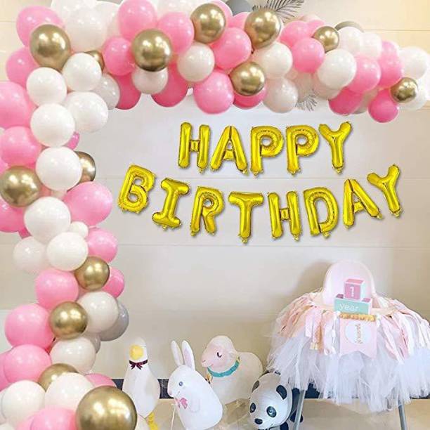 Happy Birthday Golden with Pink & White Set For Birthday Decoration and Celebrations
