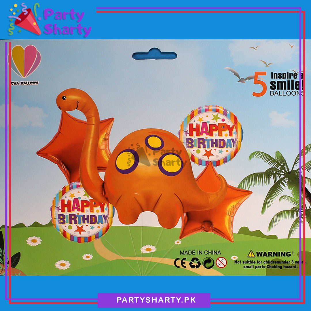 Orange Dragon / Dinosaur Theme Cartoon Foil Balloon Set - 5 Pieces For Birthday Party and Decoration