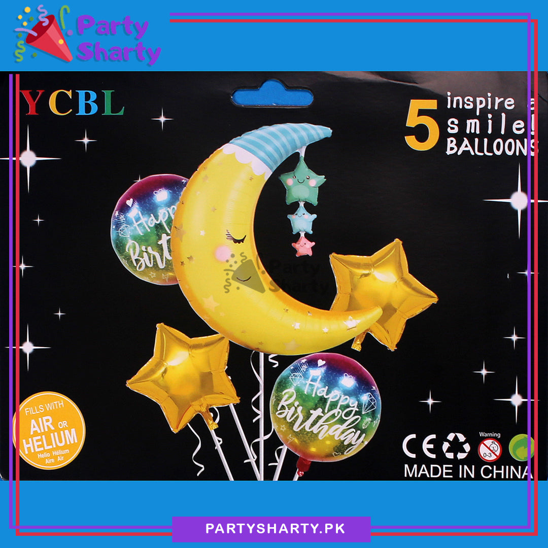 D-2 Cute Sleeping Moon Shaped with Star Foil Balloon Set - 5 Pieces For Birthday Party Decoration