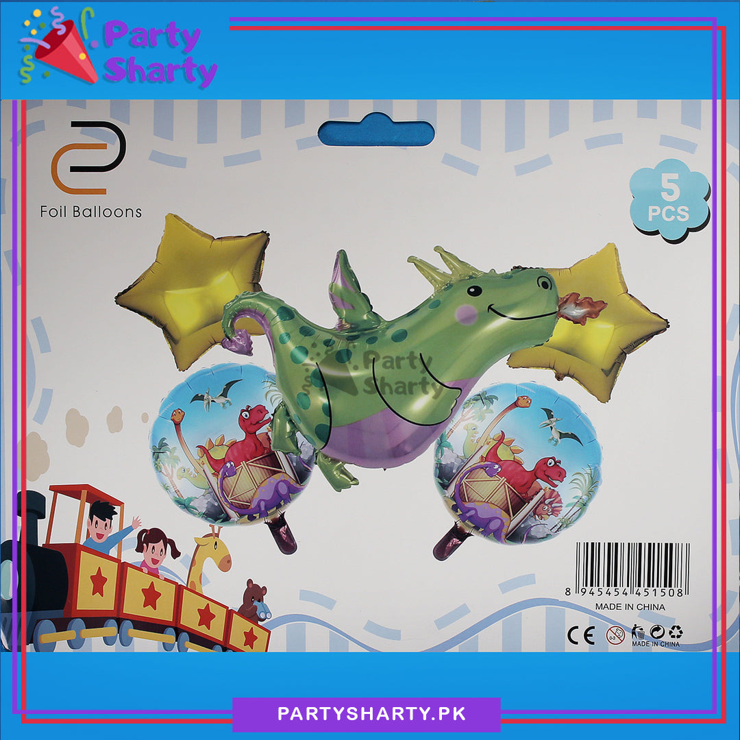 Green Dragon Cartoon Foil Balloon Set - 5 Pieces For Dinosaur / Dragon Theme Birthday Party