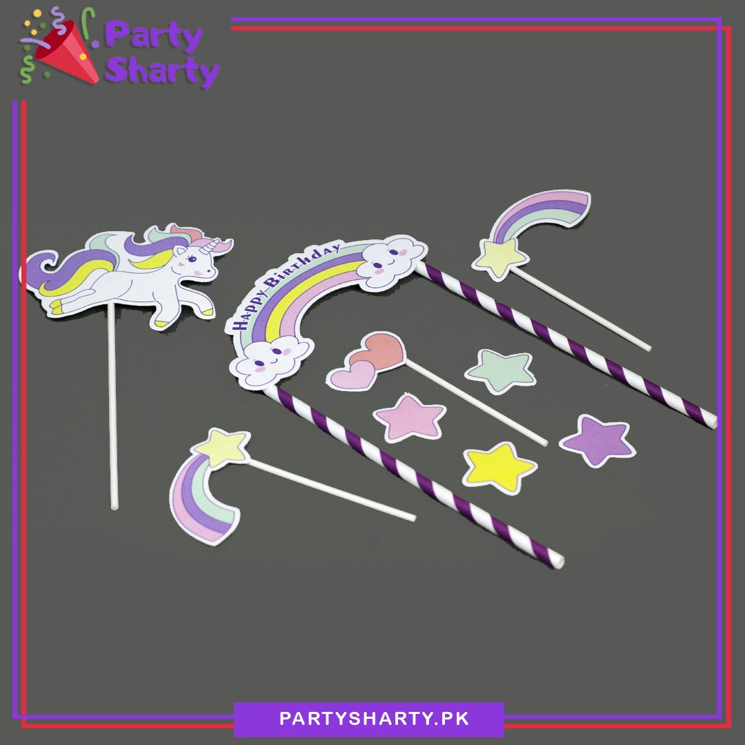 Unicorn Theme Cake Toppers Set of 9 For Birthday Decoration and Celebration