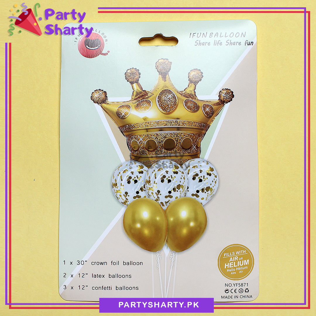 Golden Crown Shaped Foil with Latex and Confetti Balloon Set For Birthday, Baby Shower and Party Event Decoration