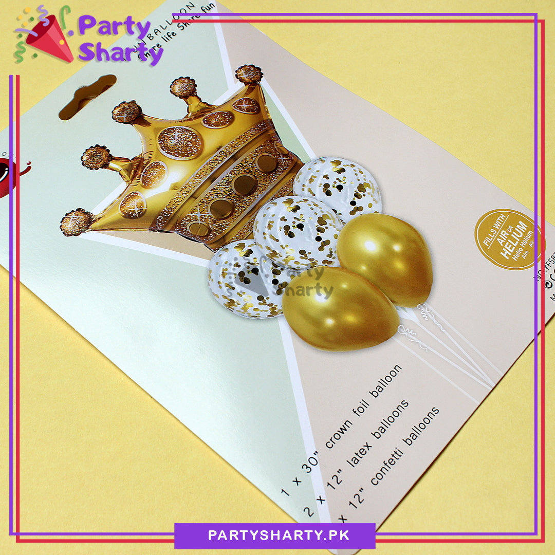 Golden Crown Shaped Foil with Latex and Confetti Balloon Set For Birthday, Baby Shower and Party Event Decoration