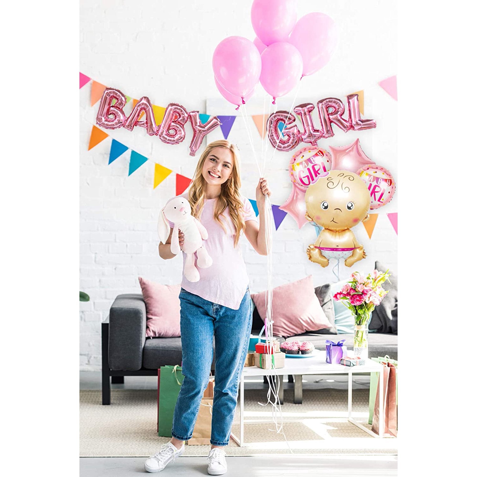 Pink BABY GIRL Letters Foil Balloons with Baby Shaped Foil Balloon Set for Baby Shower, Welcome Baby Decoration and Celebration