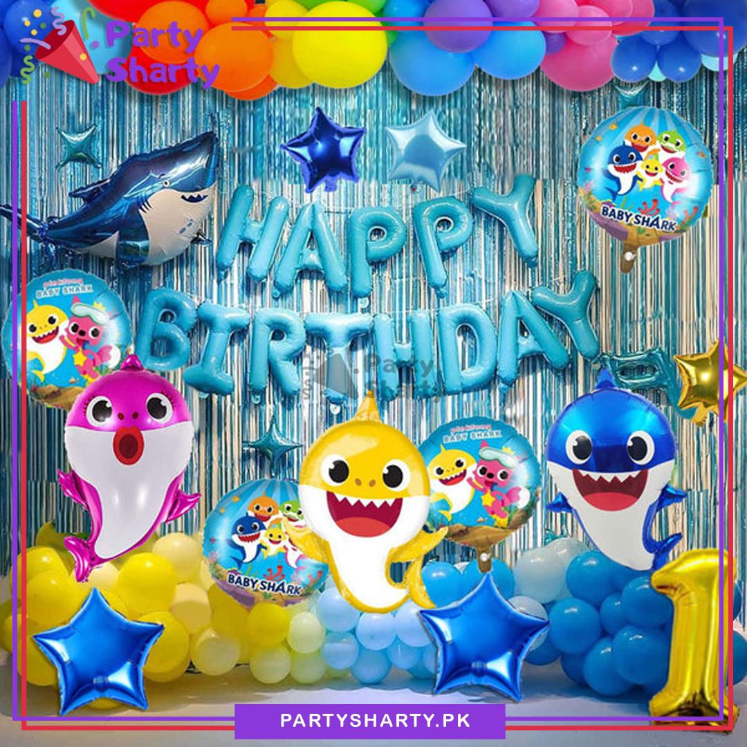 Blue Happy Birthday with Baby Shark Cartoon Theme Set for Theme Based Birthday Decoration and Celebration