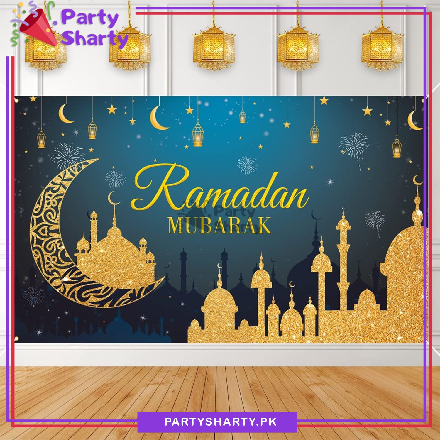 Blue & Golden Ramadan Mubarak Panaflex backdrop For Ramadan / Iftar Party Decoration and Celebration
