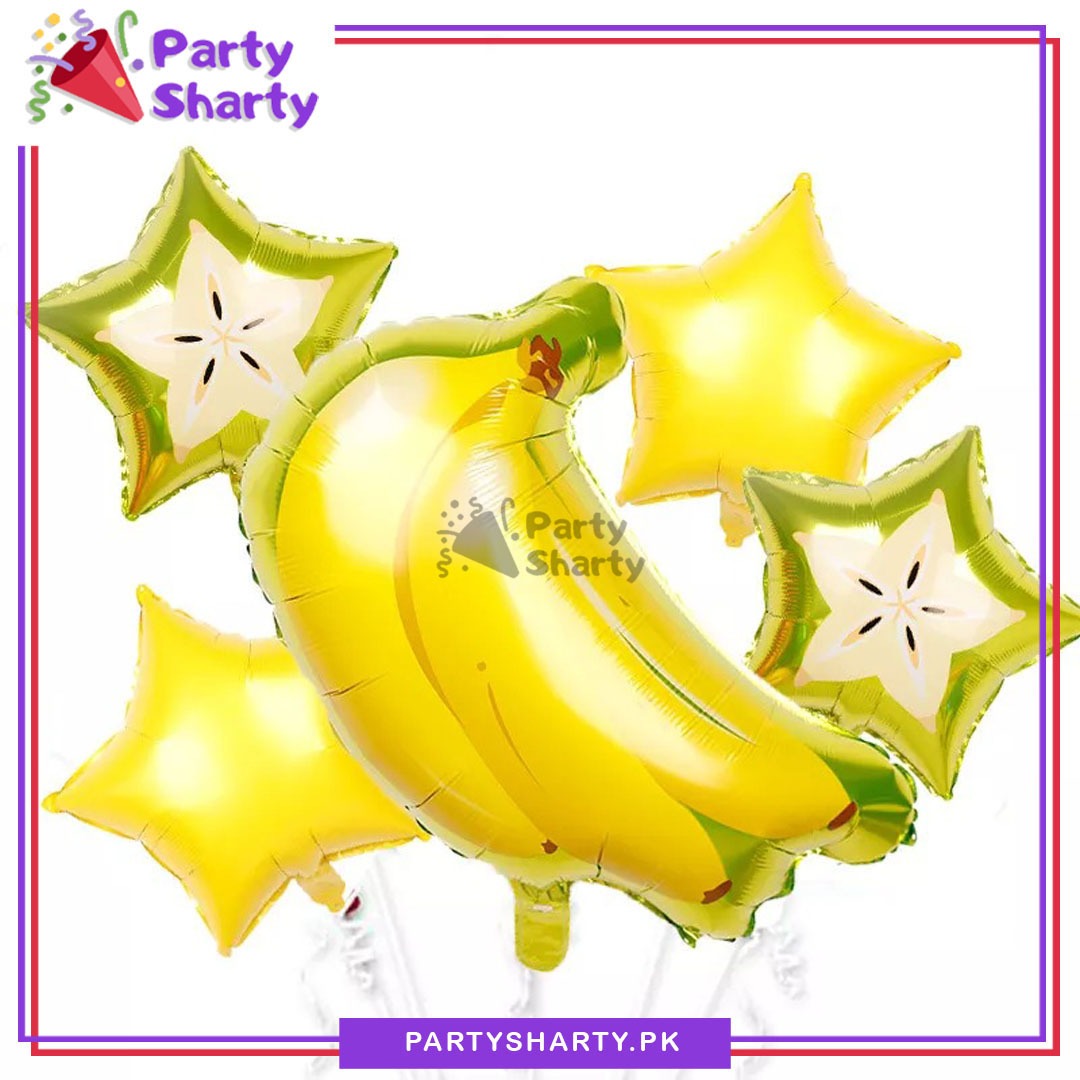 Banana Shaped Foil Balloons Set of 5 For Fruit / Tutti Frutti Theme Party Decoration and Celebration