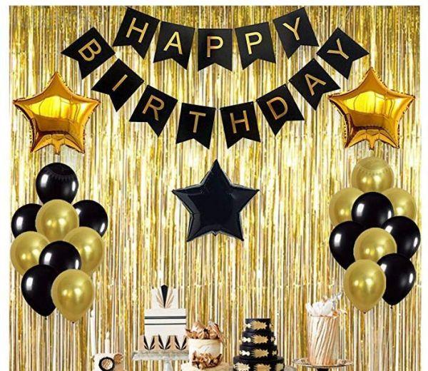 Happy Birthday Black Banner with Golden Theme Set for Birthday Decoration