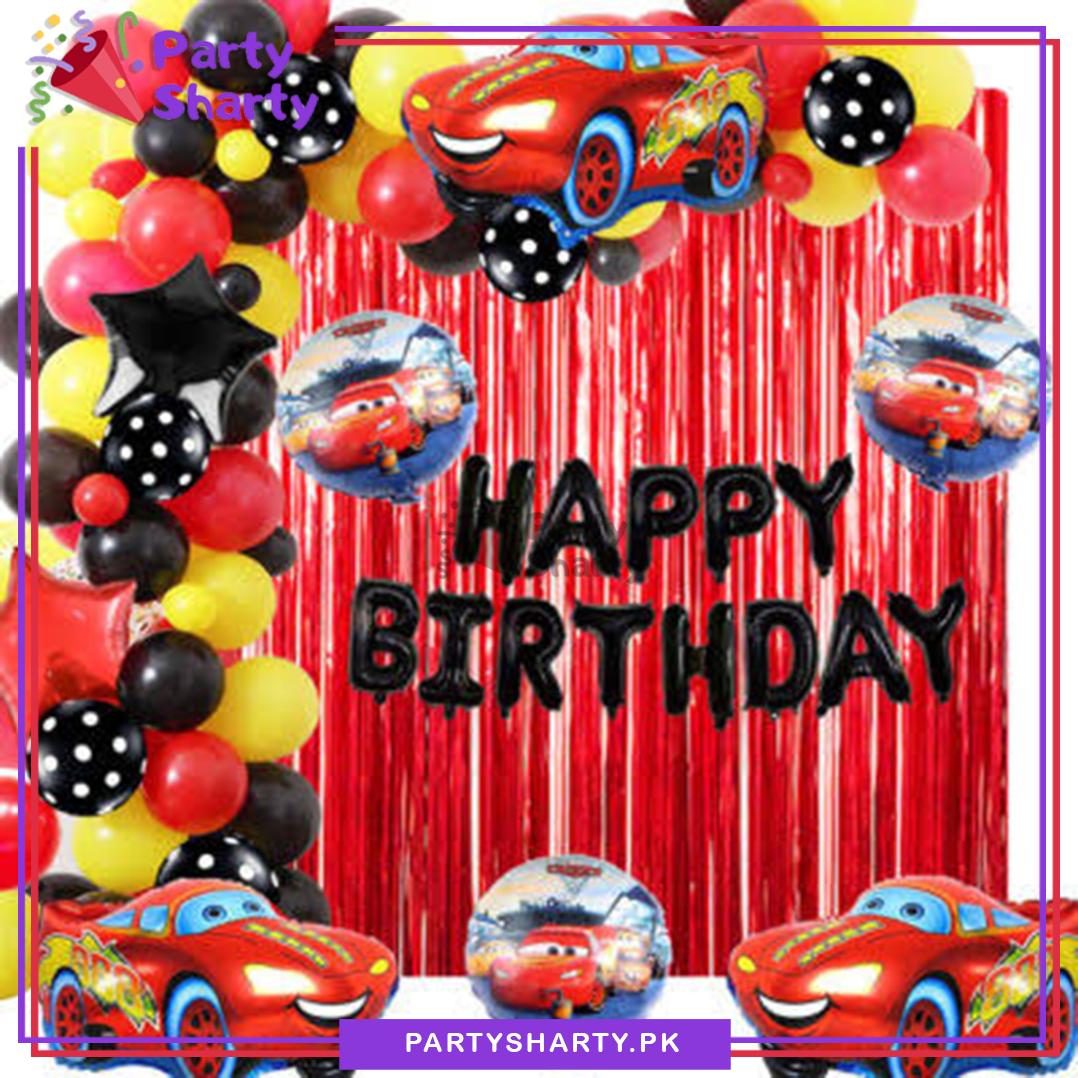 Black Happy Birthday with Red & Yellow Balloon Theme Set for Lightning McQueen Birthday Decoration and Celebration