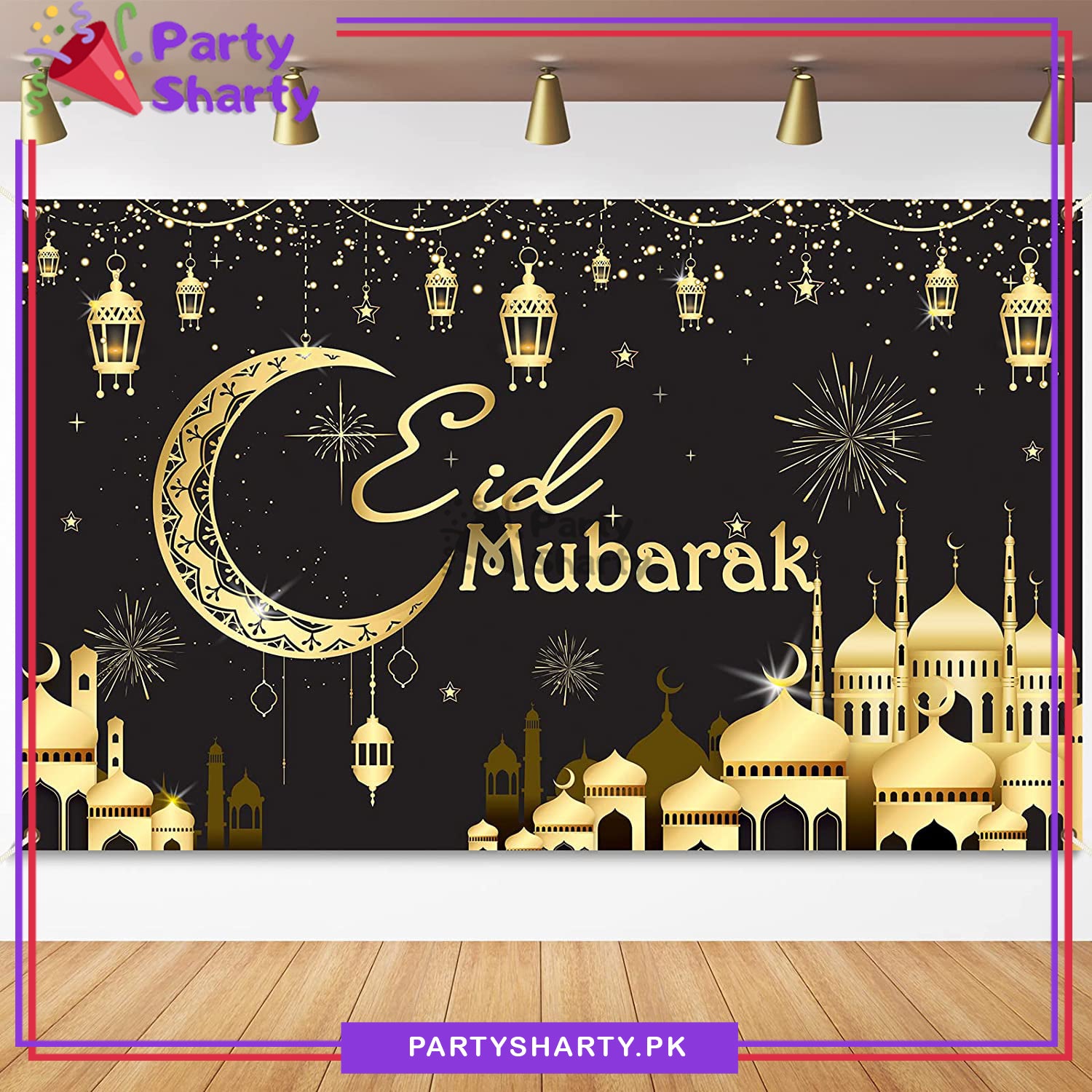 Black & Golden Eid Mubarak Panaflex backdrop For Eid Milan Party Decoration and Celebration