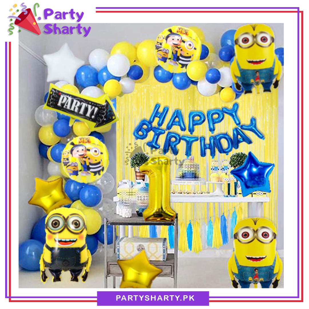 Blue Happy Birthday with Minions Cartoon Theme Set for Theme Based Birthday Decoration and Celebration