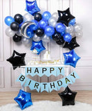 Happy Birthday Blue Banner with Silver & Black Theme Set For Birthday Decoration and Celebrations