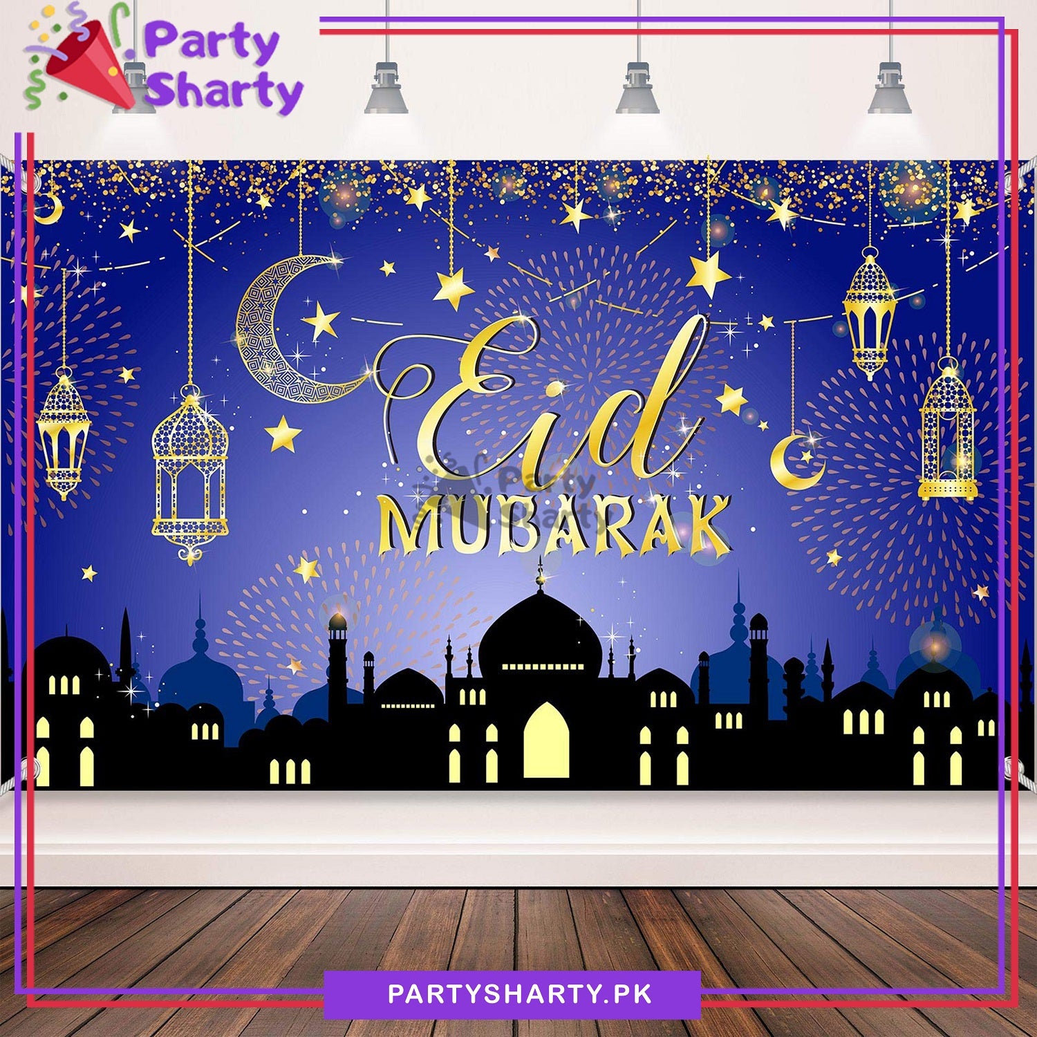 Blue & Gold Eid Mubarak Panaflex backdrop For Theme Based Eid Decoration and Celebration