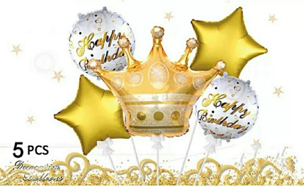 Large Golden Crown with 02 Round Shaped Happy Birthday & 02 Star Shaped Foil Balloon For Birthday Celebration