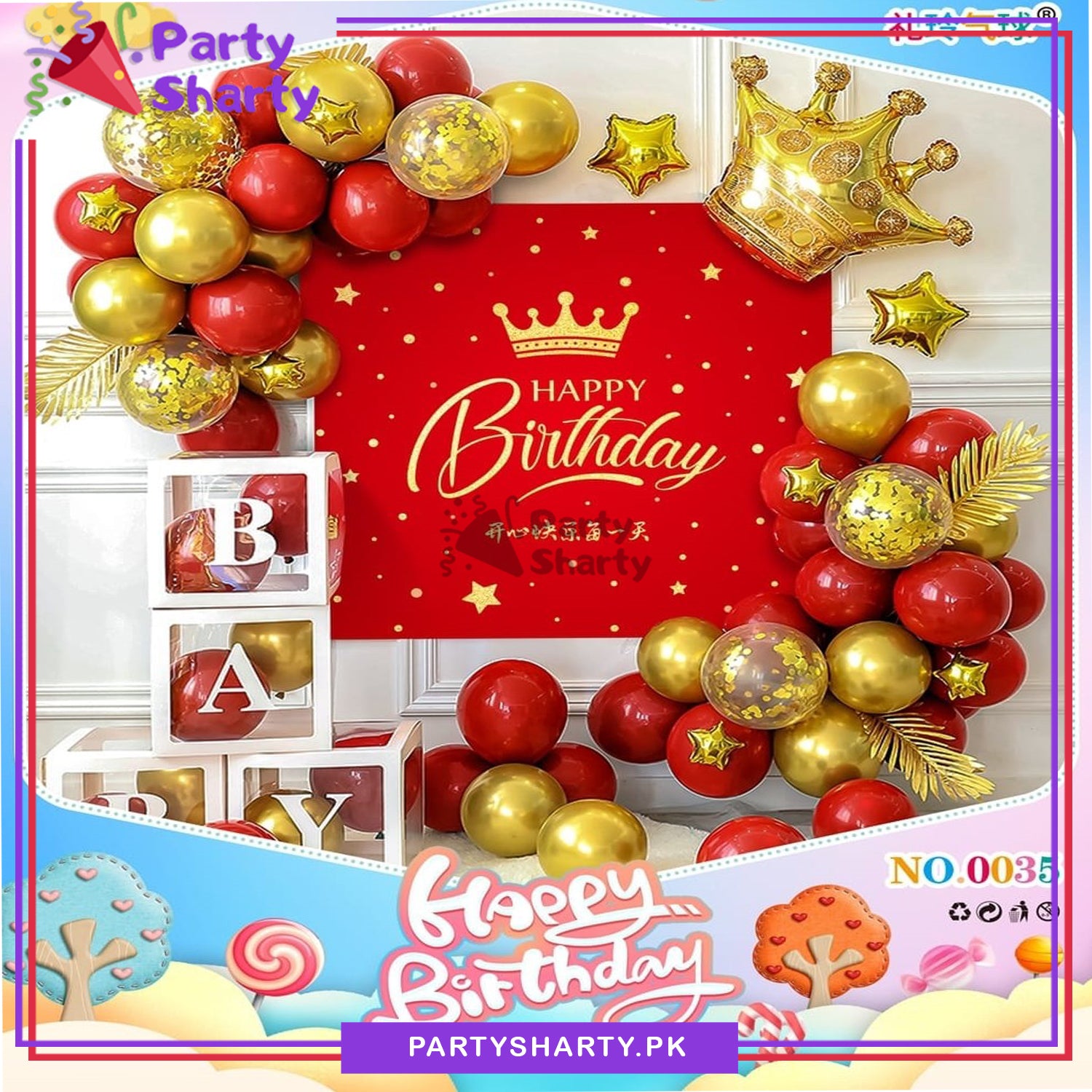 Happy Birthday Stylish Red & Golden Theme Set For Birthday Decoration and Celebration