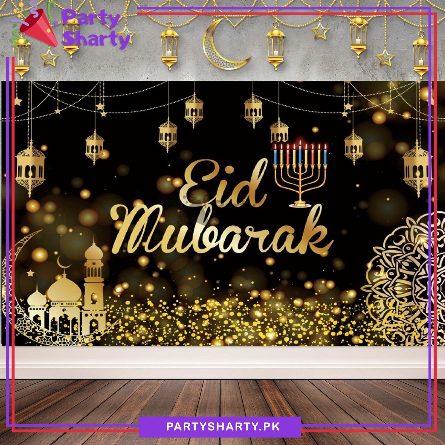 D-2 Black & Golden Eid Mubarak Panaflex backdrop For Eid Milan Party Decoration and Celebration
