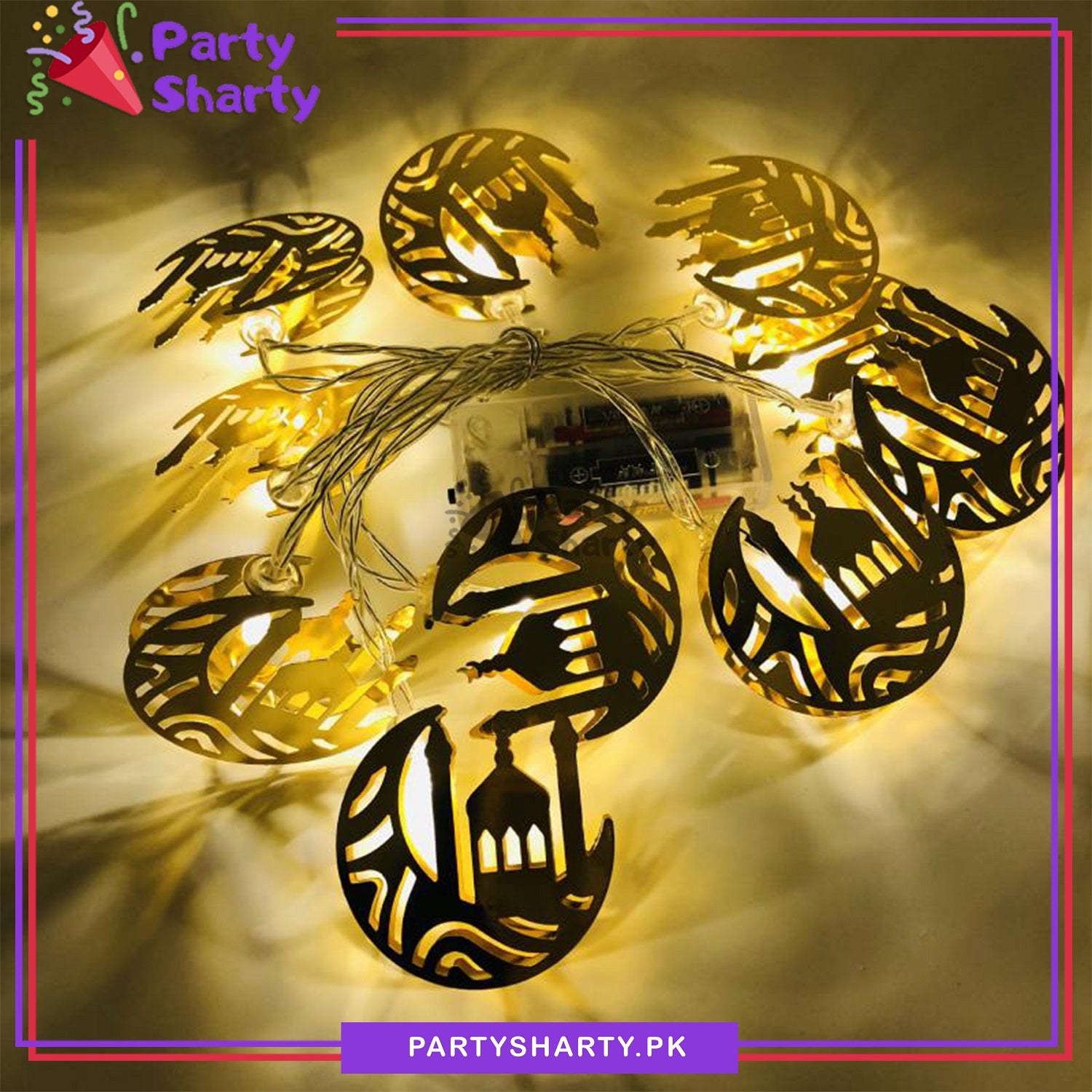 D-2 Golden Crescent With Masjid Shaped Metal LED String Lights For Ramadan Festival and Celebration