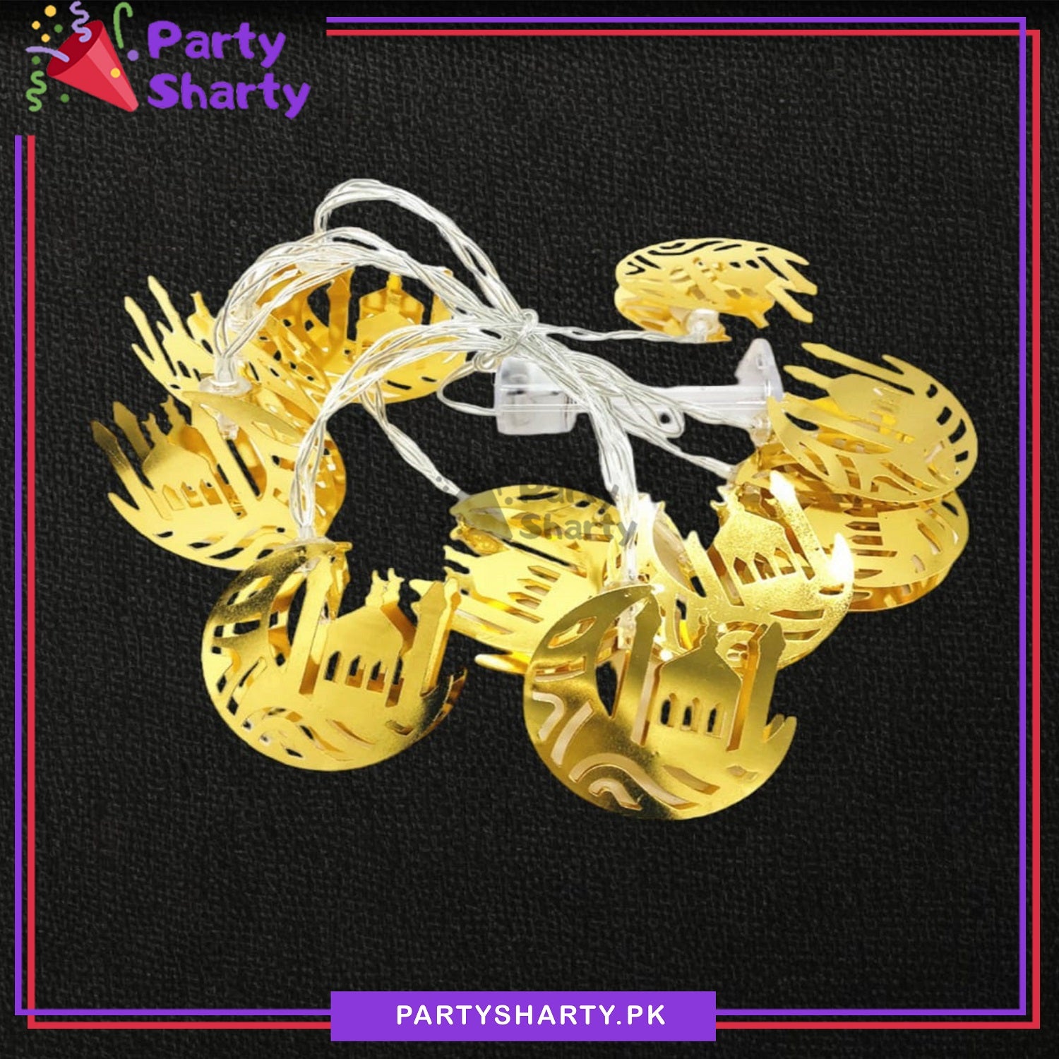 D-2 Golden Crescent With Masjid Shaped Metal LED String Lights For Ramadan Festival and Celebration