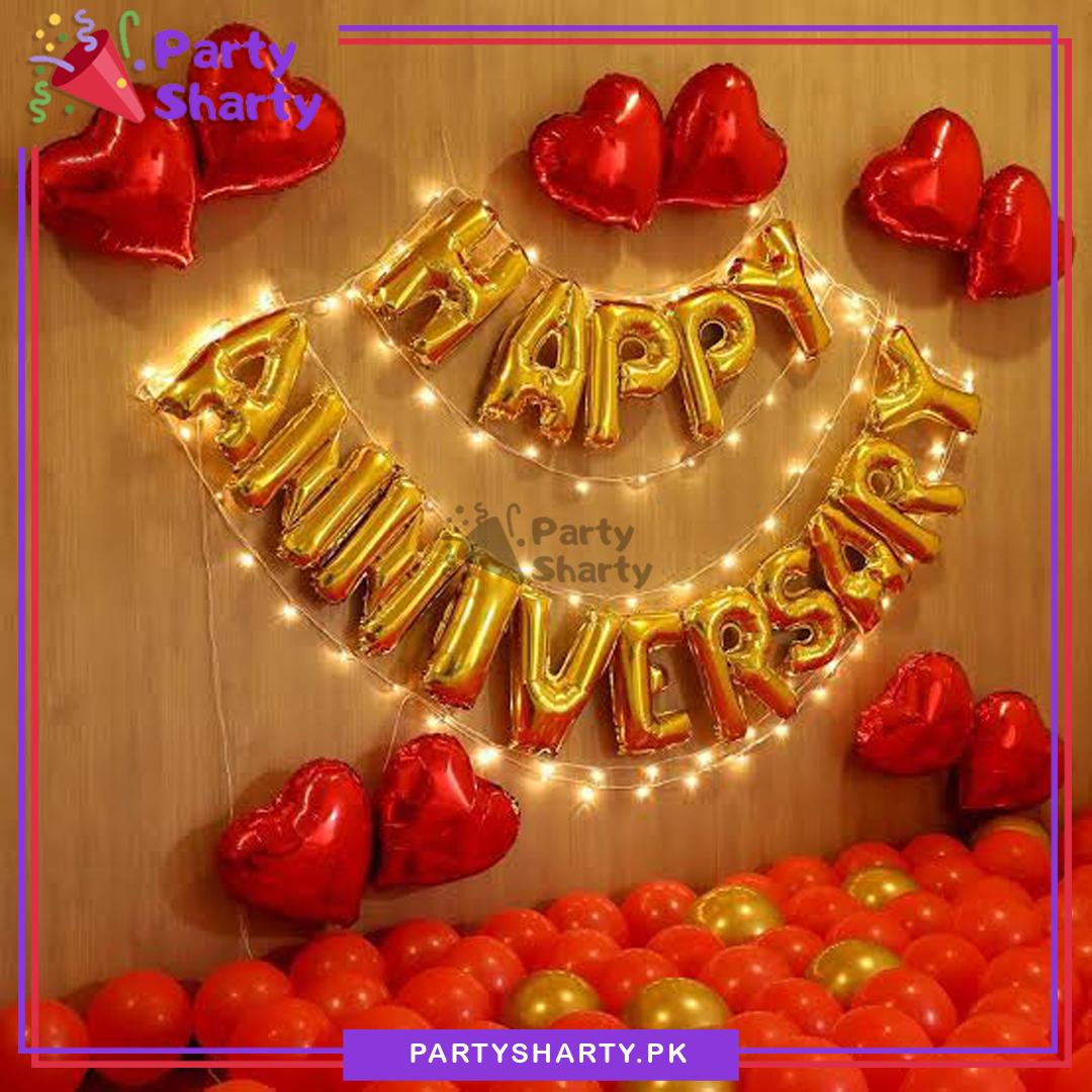 D-2 Happy Anniversary Golden with Red Balloon Theme Set For Anniversary Decoration and Celebration