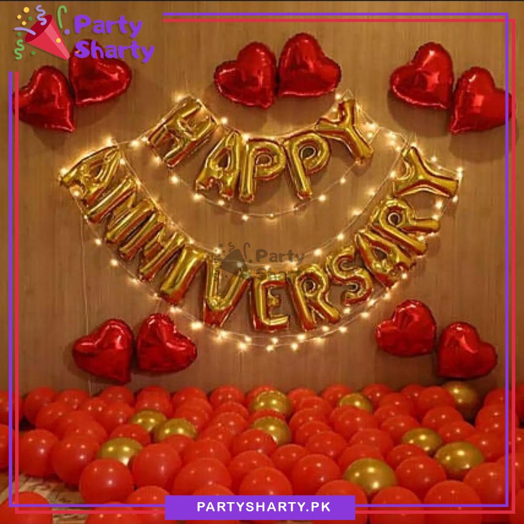 D-2 Happy Anniversary Golden with Red Balloon Theme Set For Anniversary Decoration and Celebration