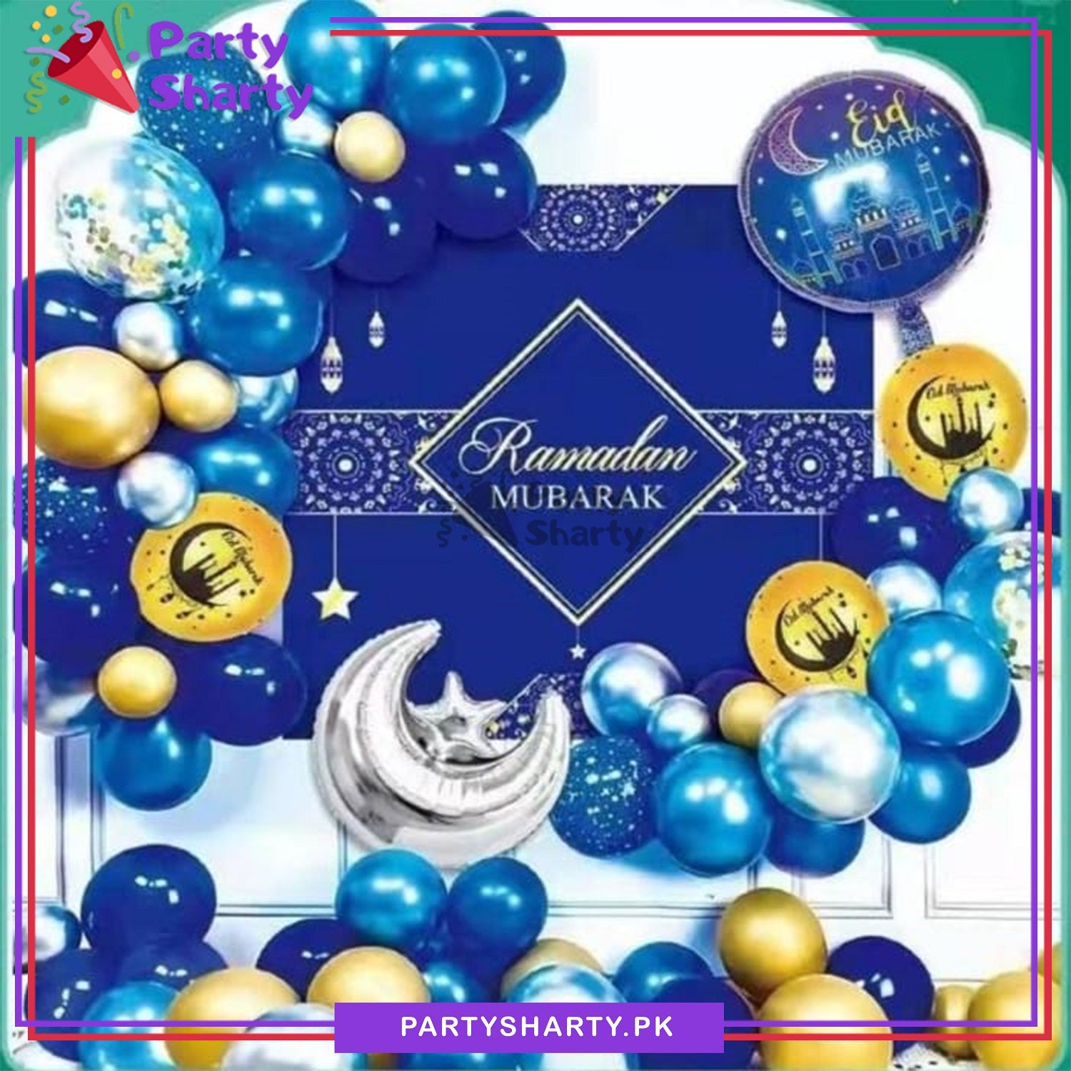 D-2 Ramadan Mubarak Blue & Golden Theme Set for Ramadan Iftar Party Decoration and Celebration