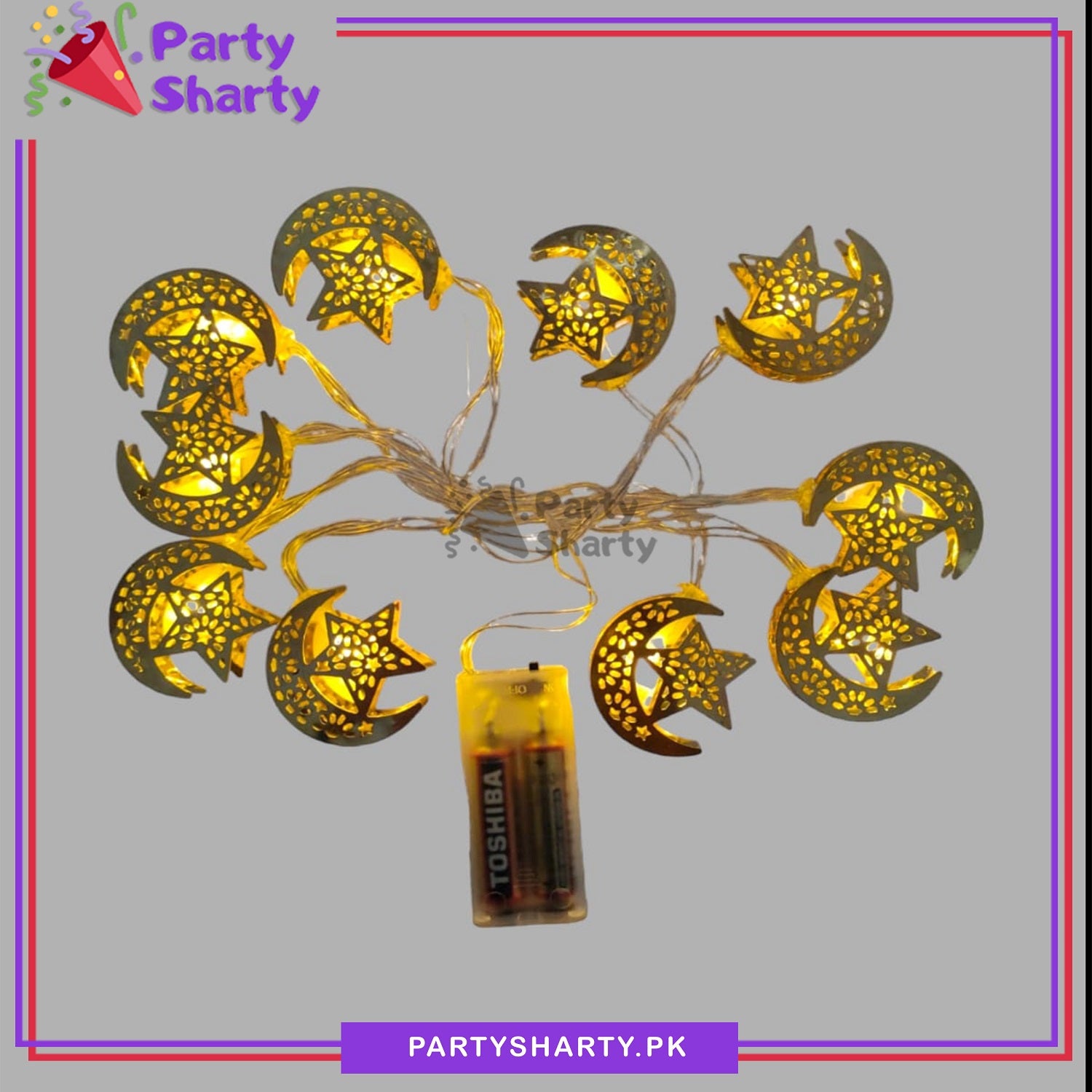 D-3 Golden Crescent With Star Shaped Metal LED String Lights For Ramadan Festival and Celebration
