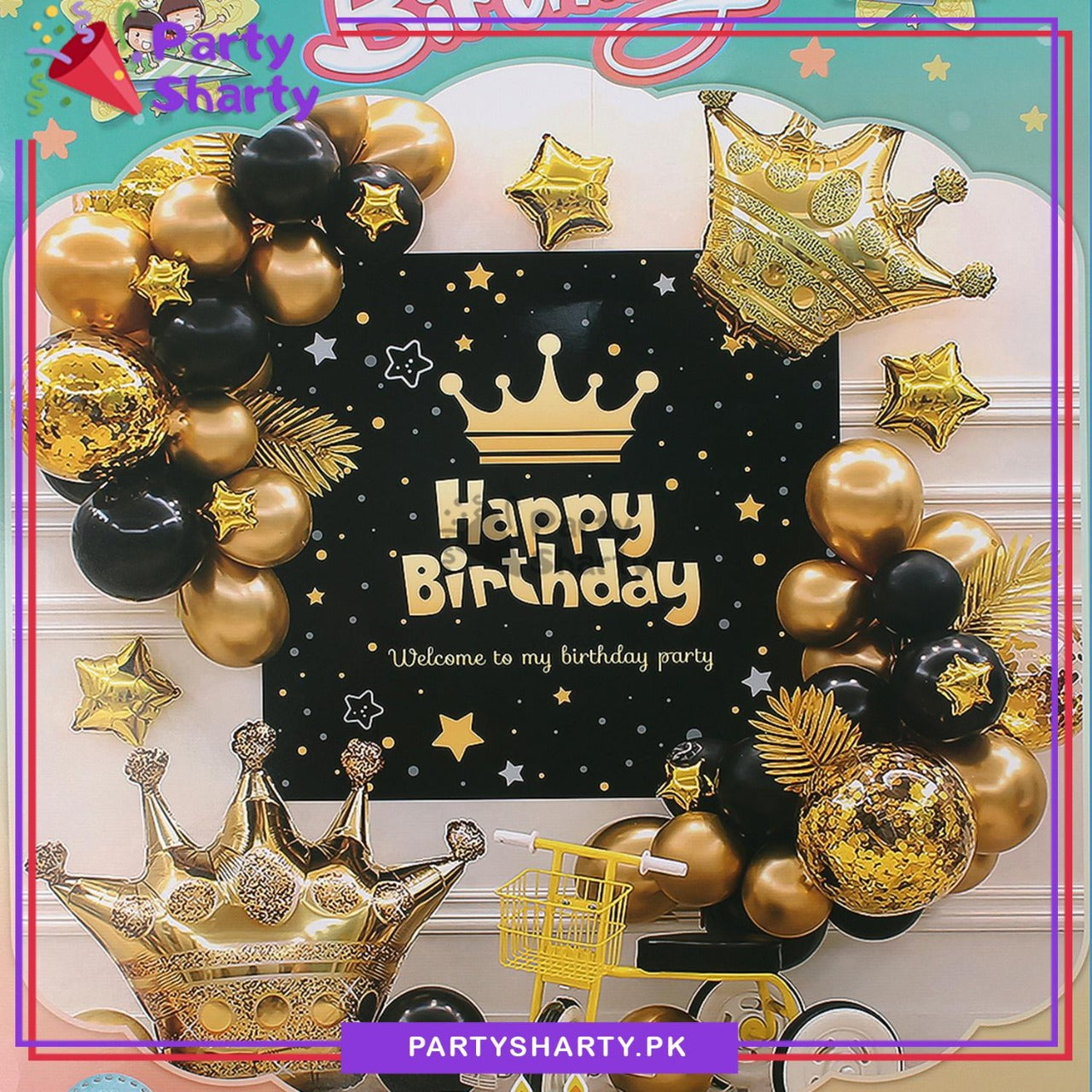 D-2 Happy Birthday Stylish Black & Golden Theme Set For Birthday Decoration and Celebration