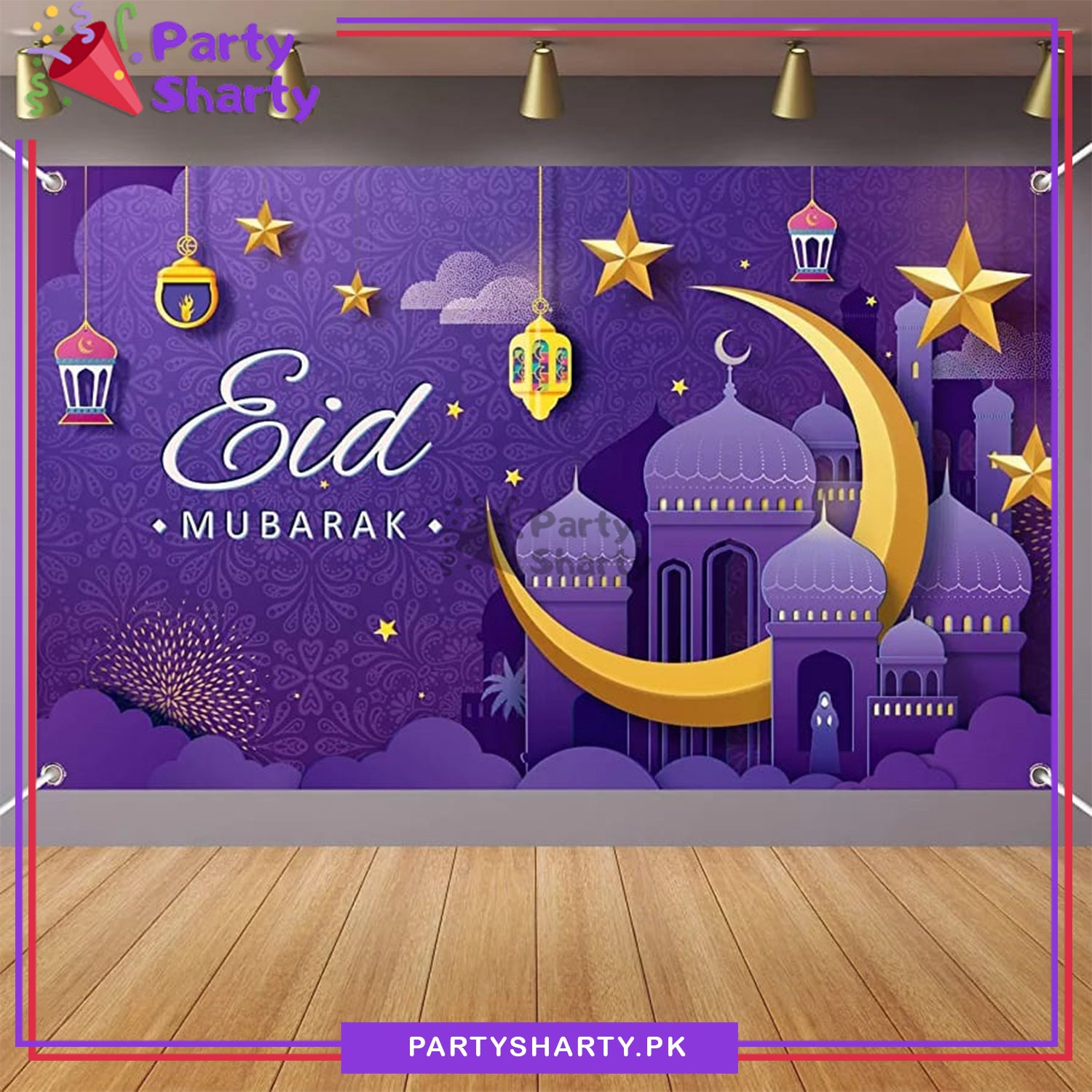 Purple & Gold Eid Mubarak Panaflex backdrop For Theme Based Eid Decoration and Celebration