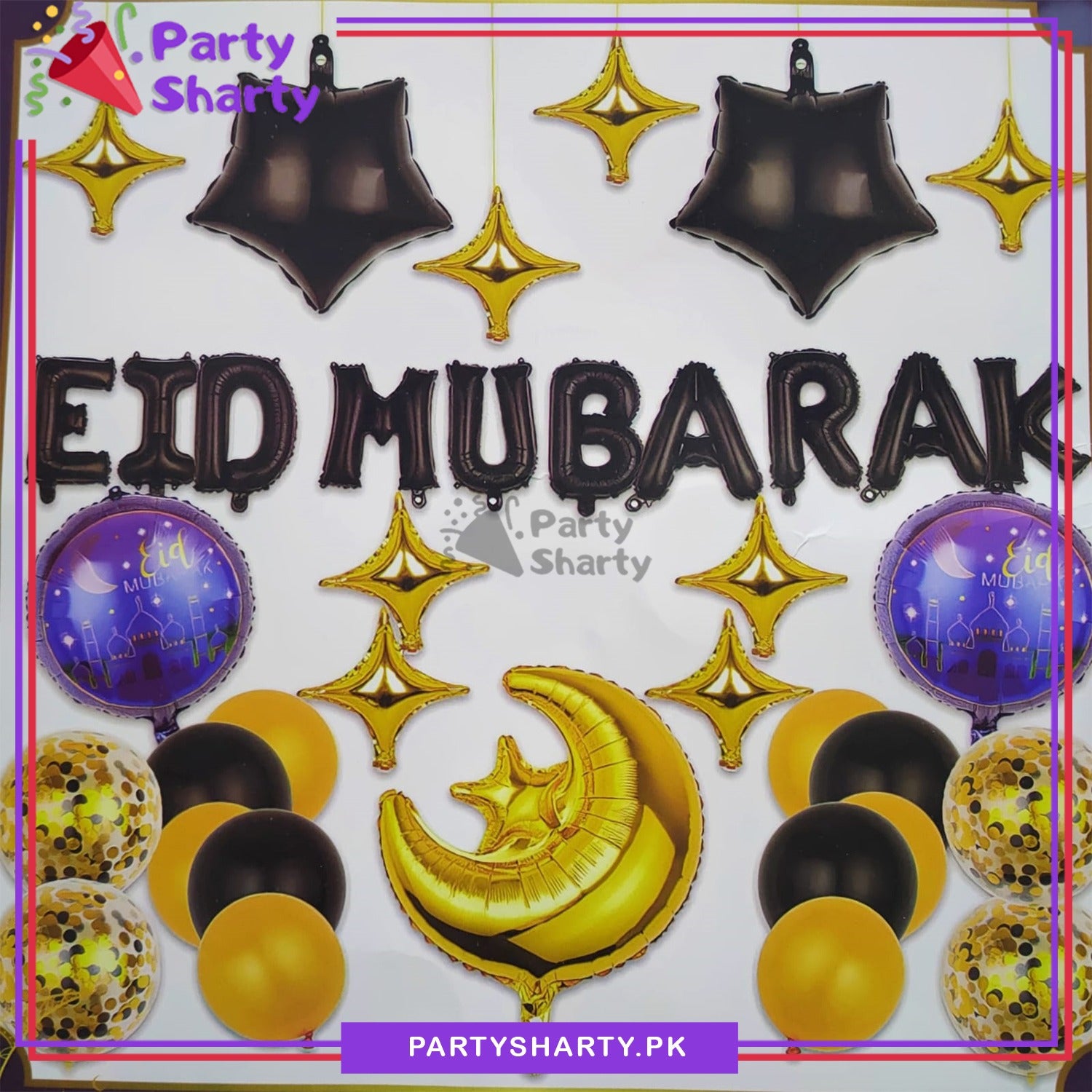 Eid Mubarak Black Foil Banner with Golden Theme Set for Eid Decoration and Celebration