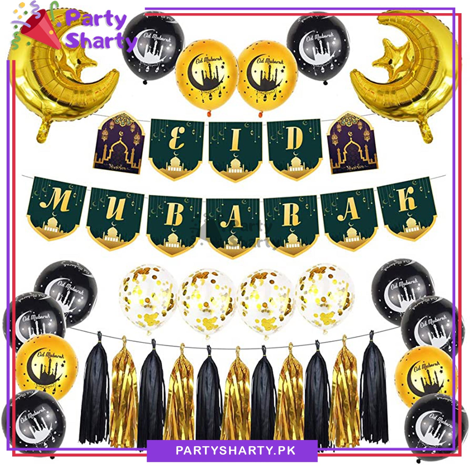 Green Eid Mubarak Card Banner with Golden & Black Theme Set for Eid Decoration and Celebration