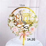 Happy Birthday Acrylic Cake Topper With Flower Design For Birthday Celebration and Decoration Supplies