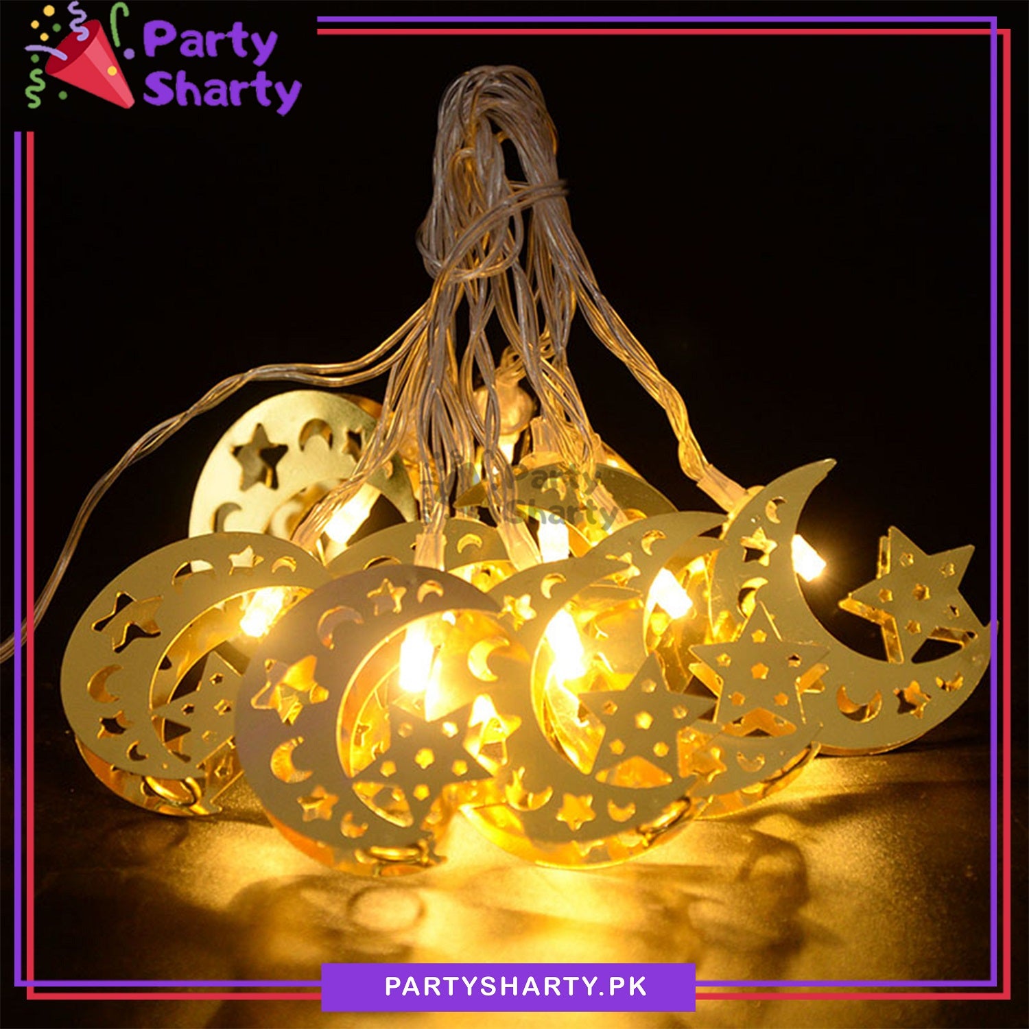 Golden Crescent With Star Shaped Metal LED String Lights For Ramadan Festival and Celebration
