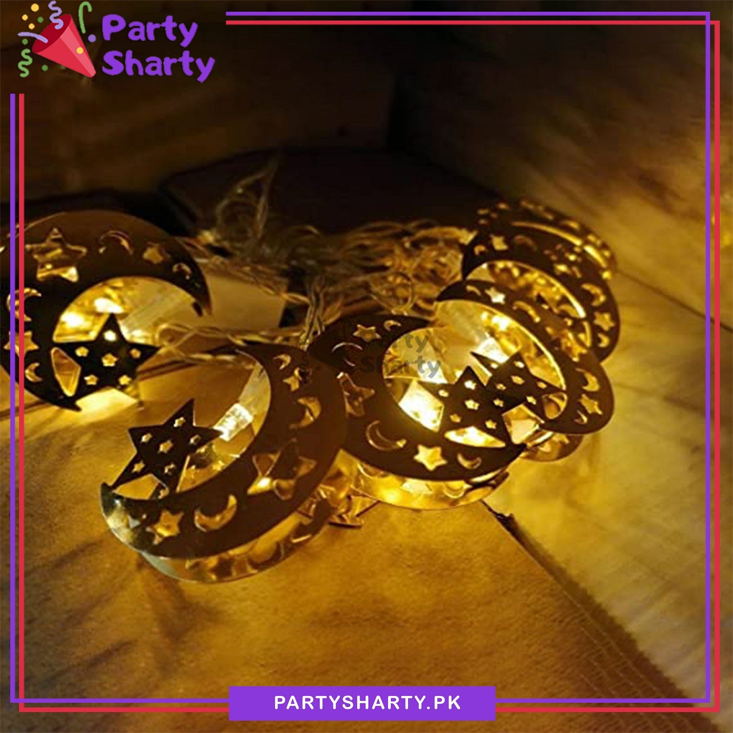 Golden Crescent With Star Shaped Metal LED String Lights For Ramadan Festival and Celebration