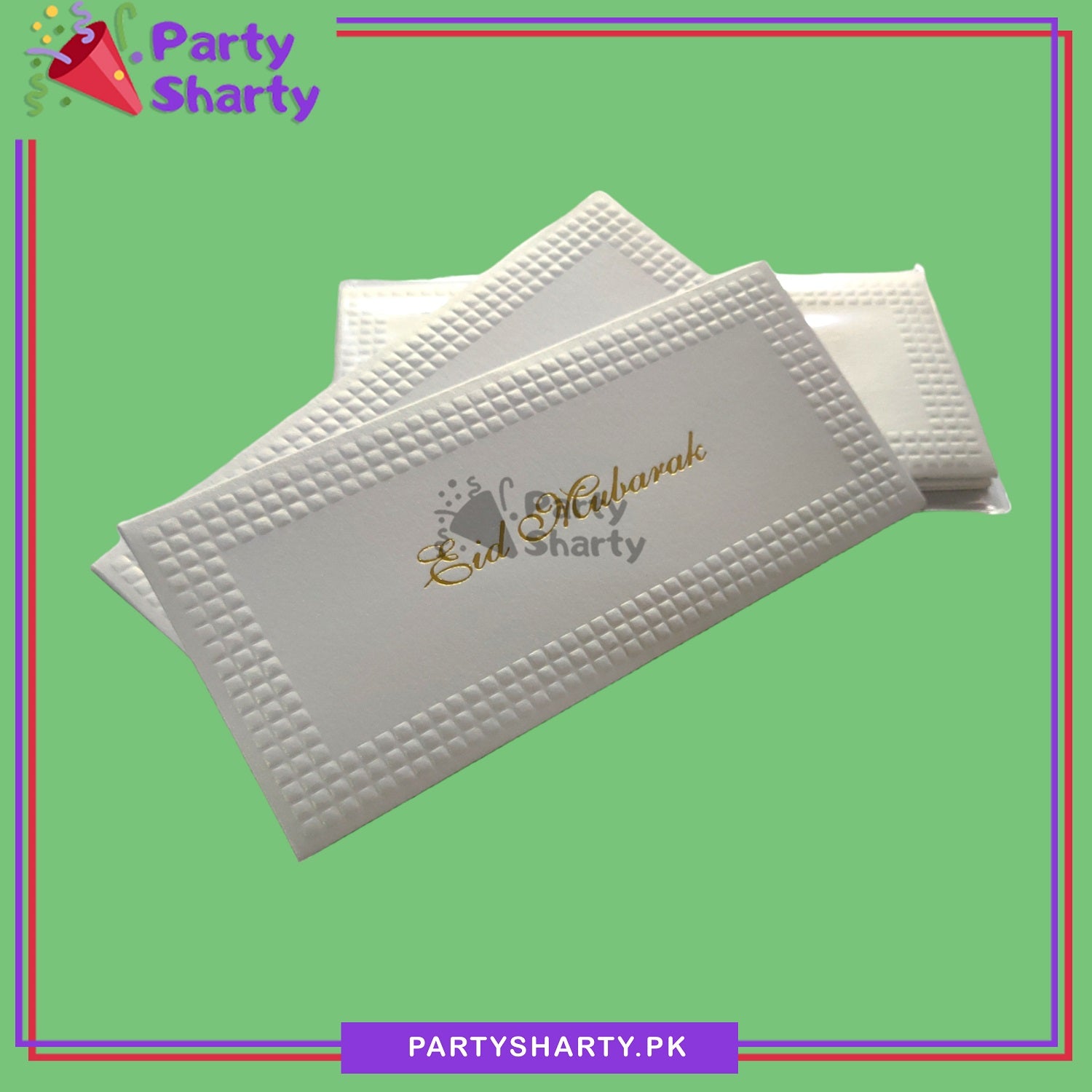 Golden Eid Mubarak Printed White Pearl Card Eidi Envelop (Pack 05) For Eid Celebration